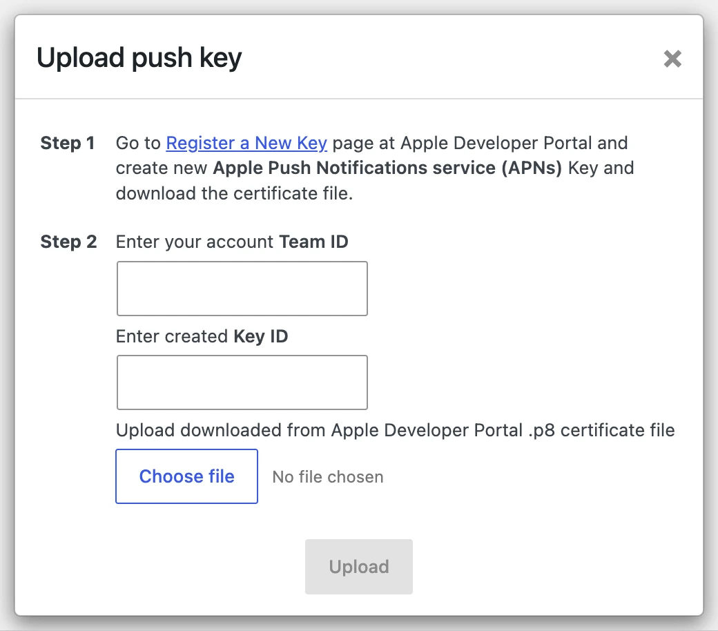 The Upload push key dialog asking for Team ID, Key ID and the .p8 file