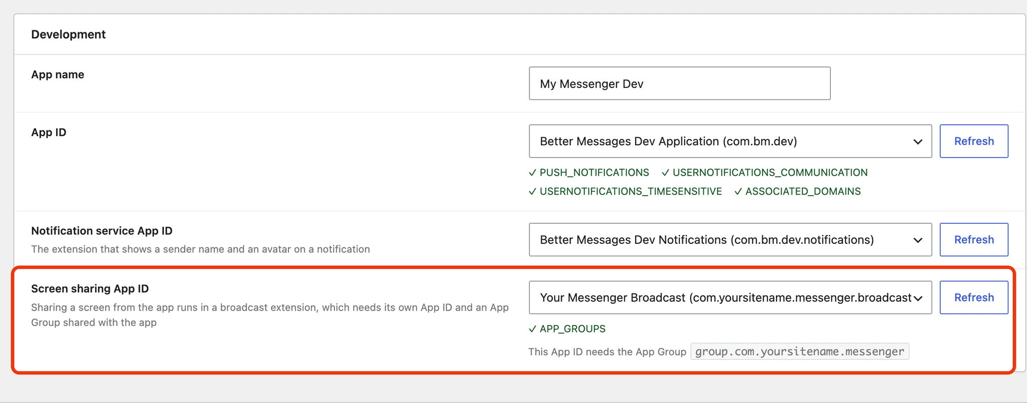 The Screen sharing App ID field with the App Groups capability confirmed and the expected App Group name shown