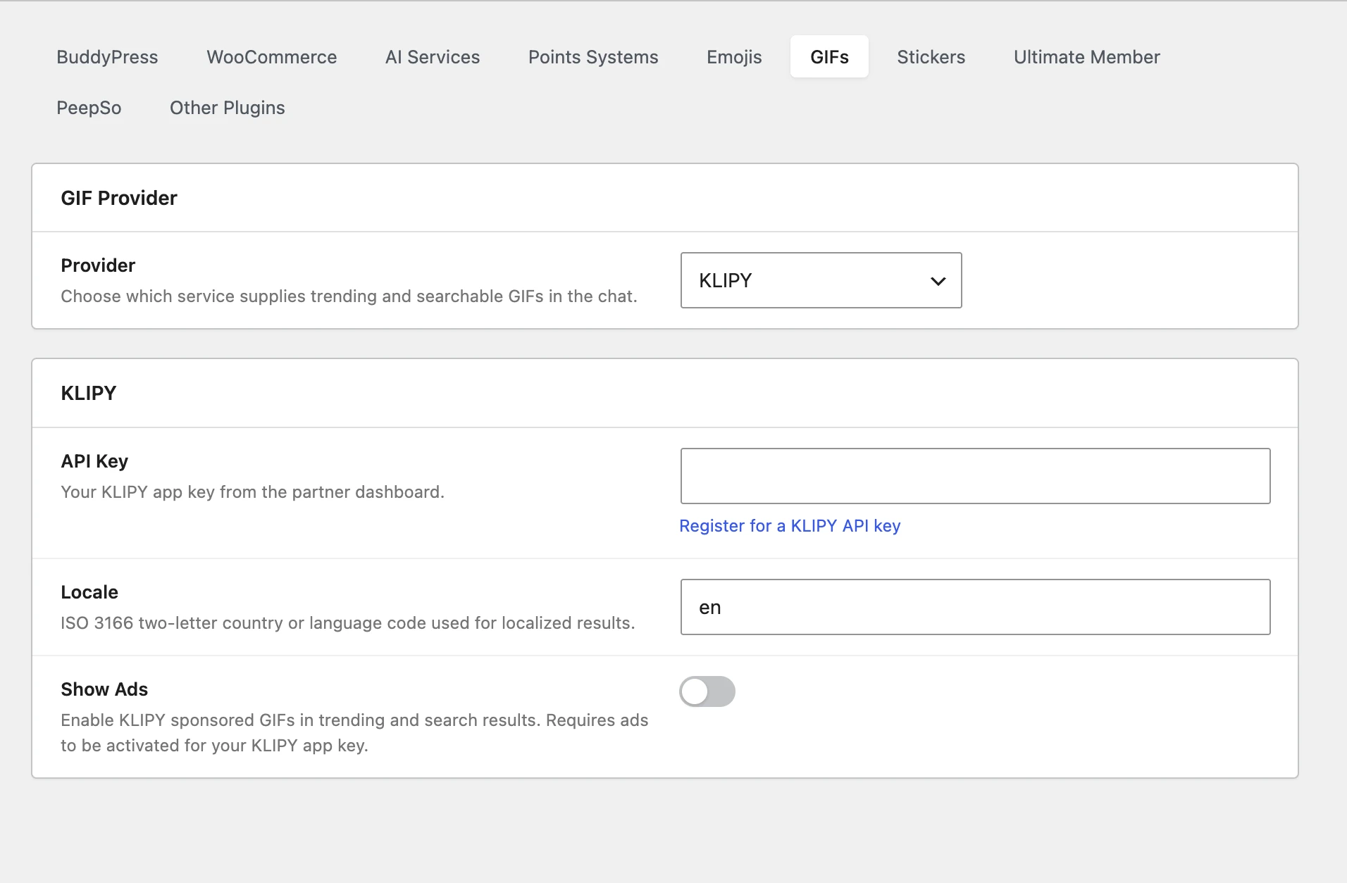 KLIPY settings