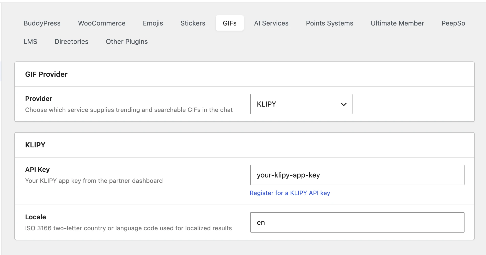 GIFs sub-tab of the Integrations settings with KLIPY selected — API Key and Locale