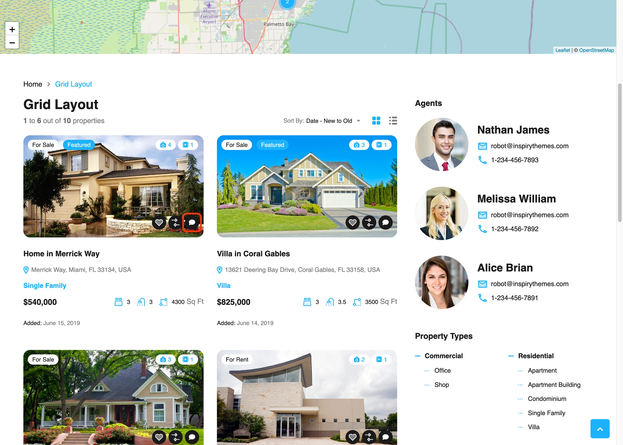 Live Chat icon on RealHomes property grid cards, next to Favorite and Compare
