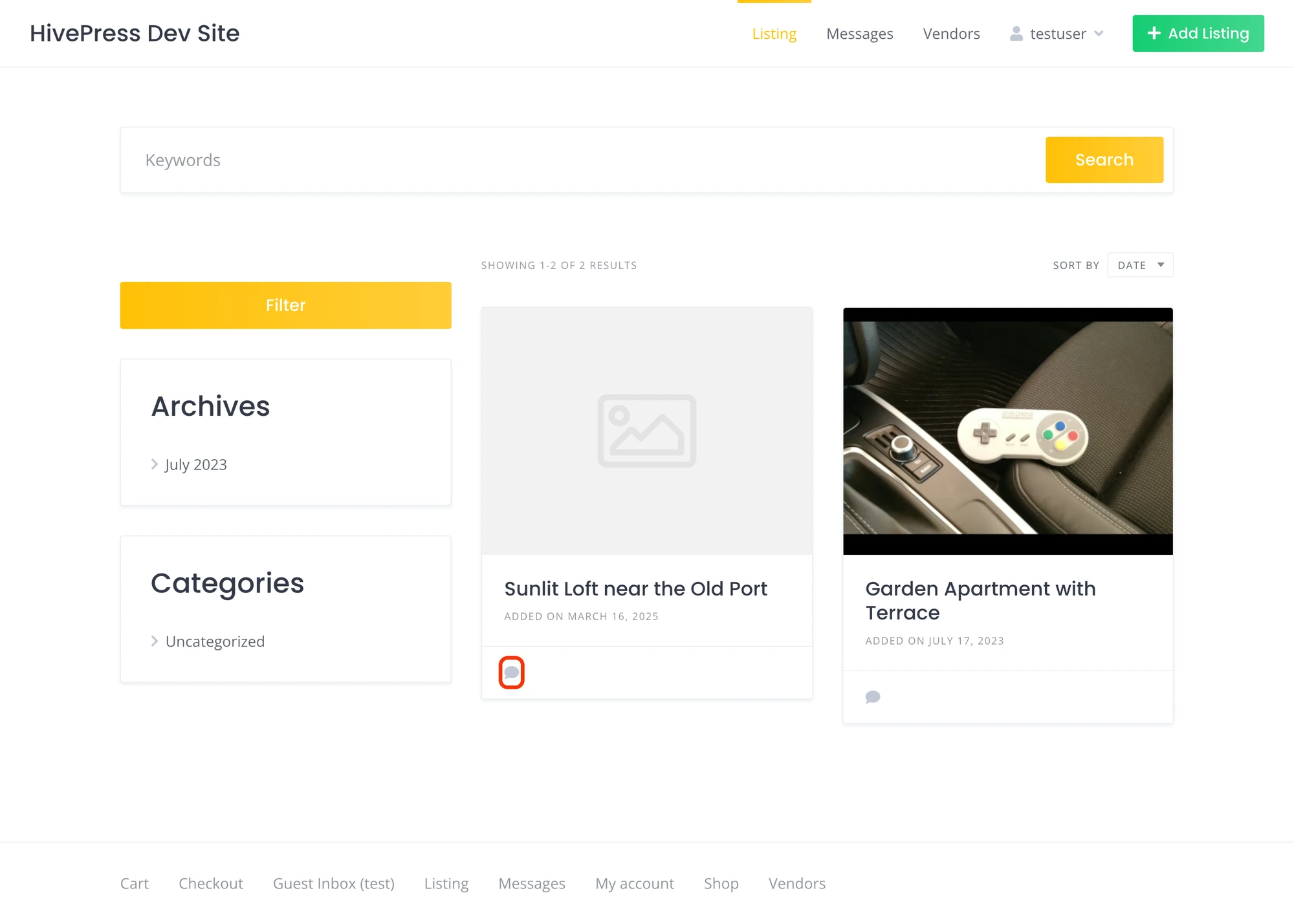 Send Message button inline on HivePress listing items in a list