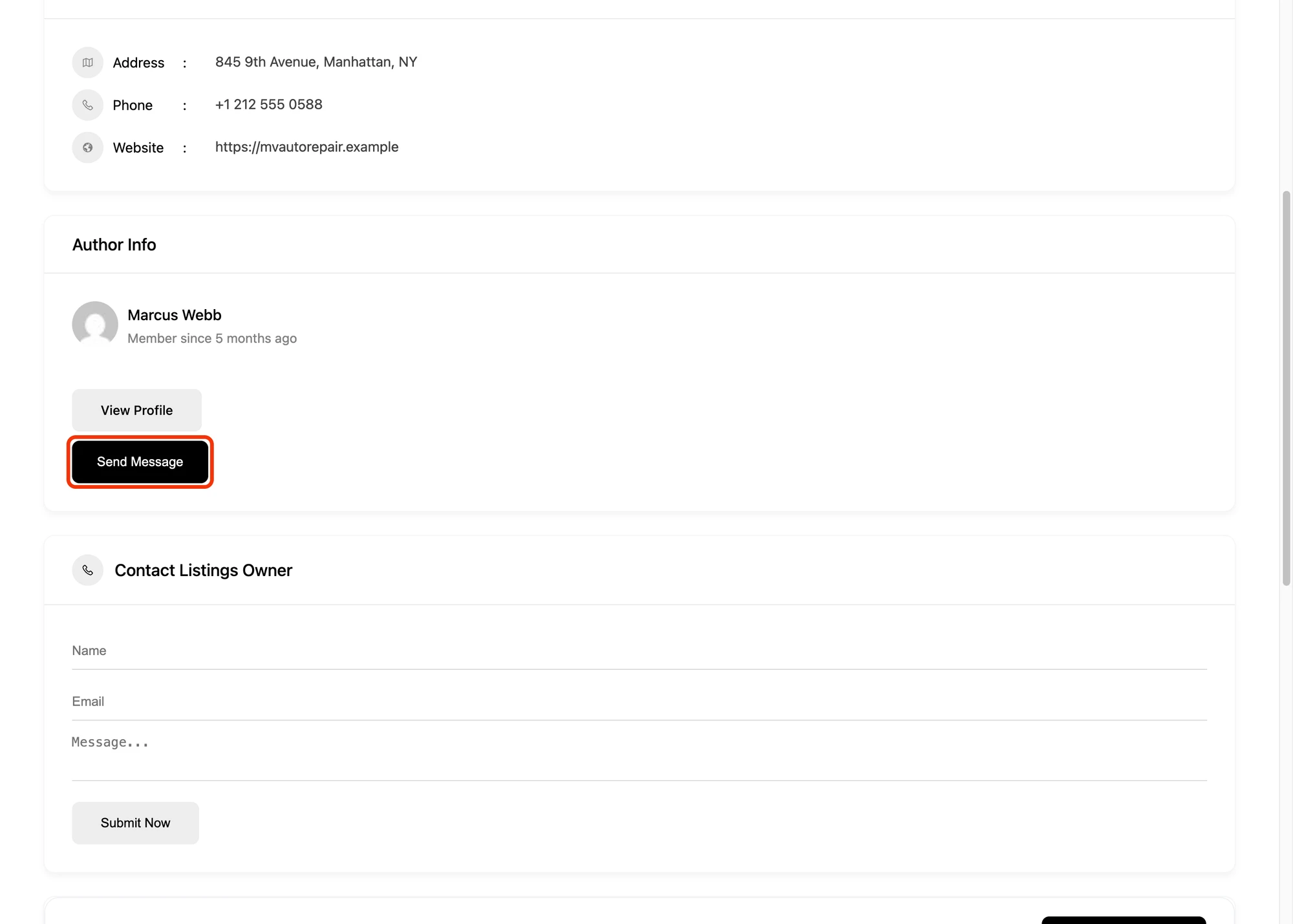 Send Message button inside the Directorist listing Author Info card
