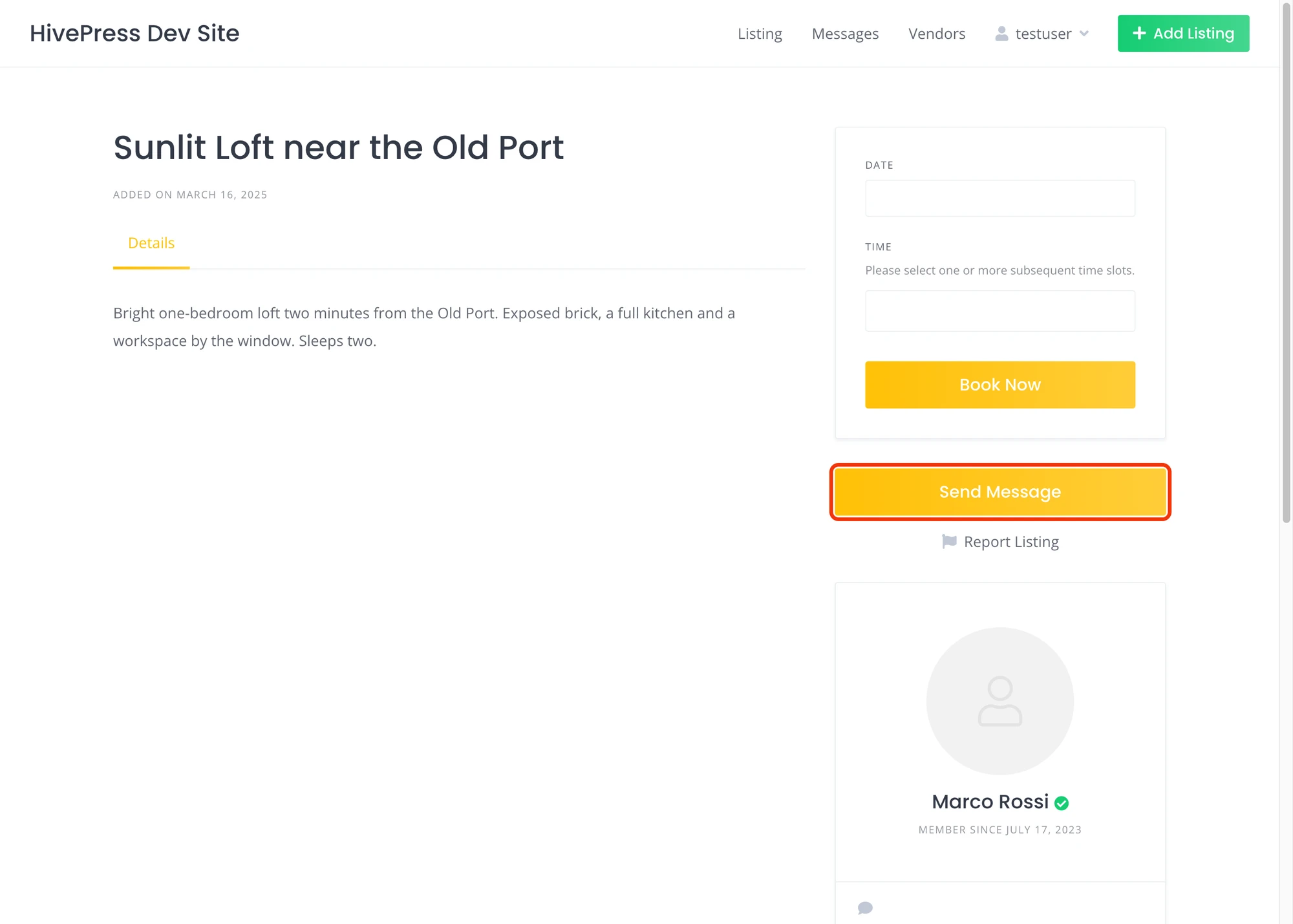 Send Message button on a HivePress listing page