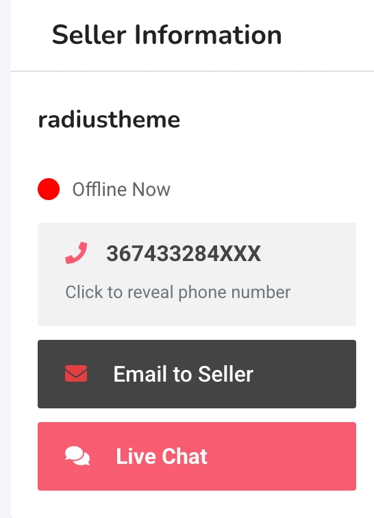 Live Chat button inside the RTCL listing Seller Information widget