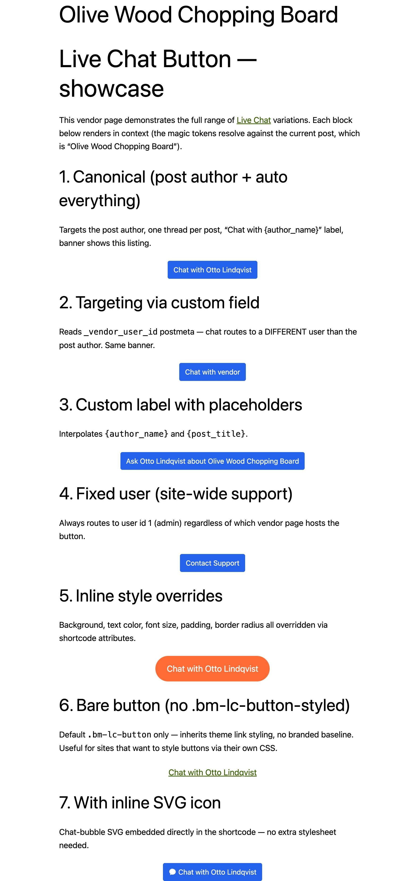 Live Chat button variations rendered on a WordPress page