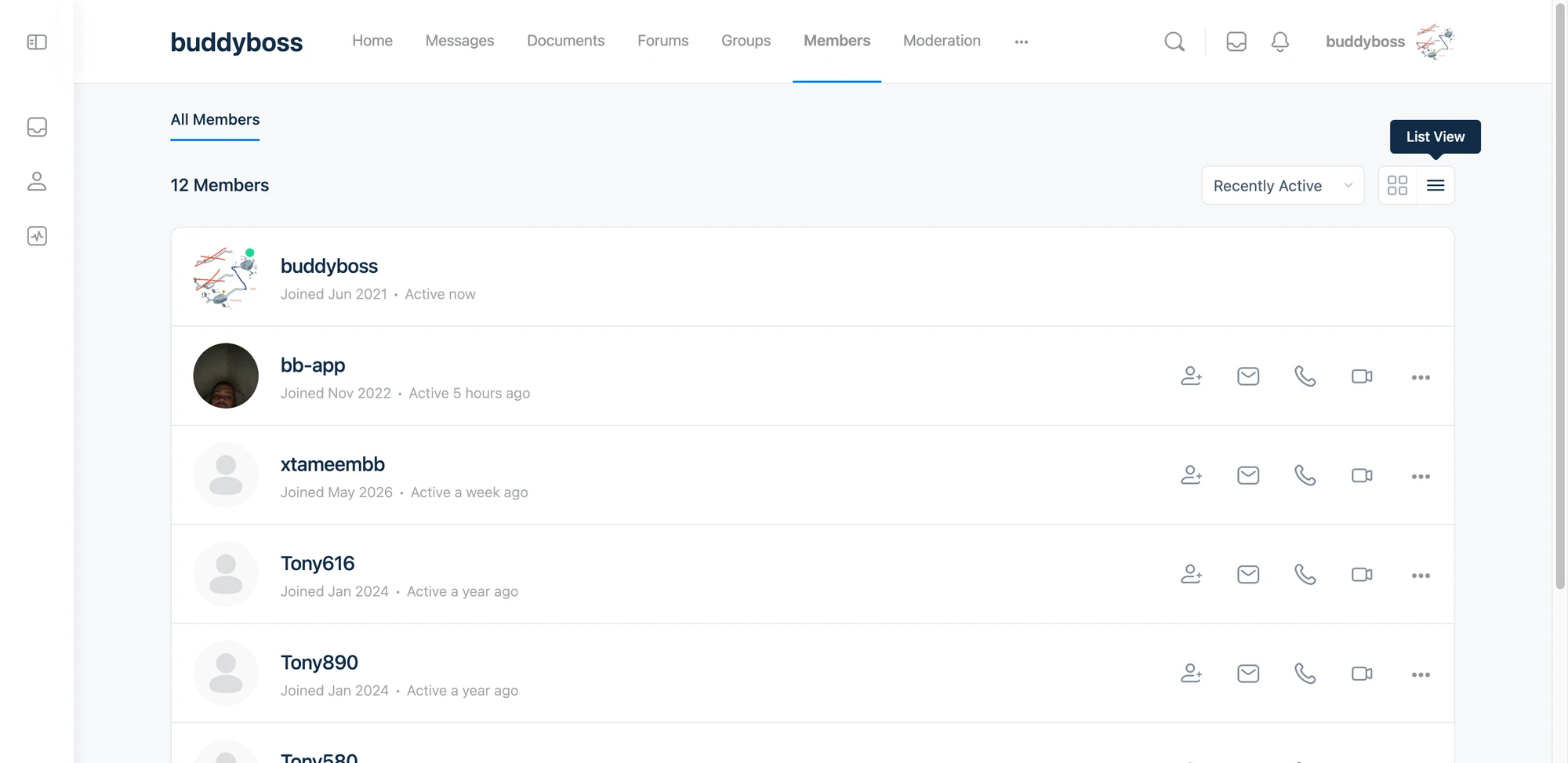 BuddyBoss members directory with audio and video call icons