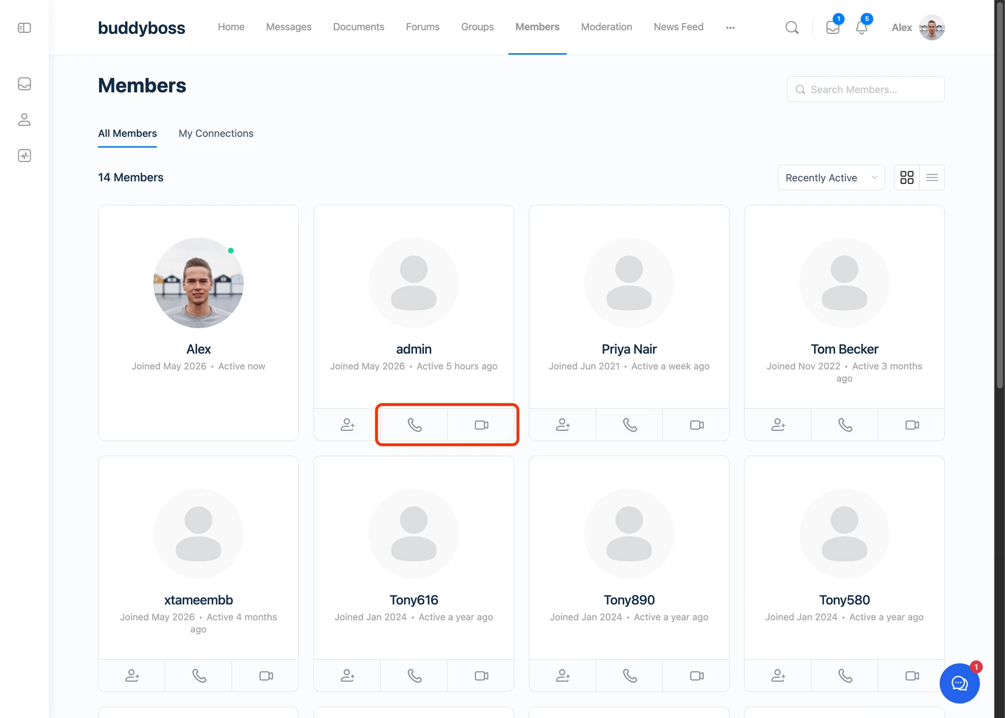 Audio and Video Call icons in the classic BuddyBoss members directory