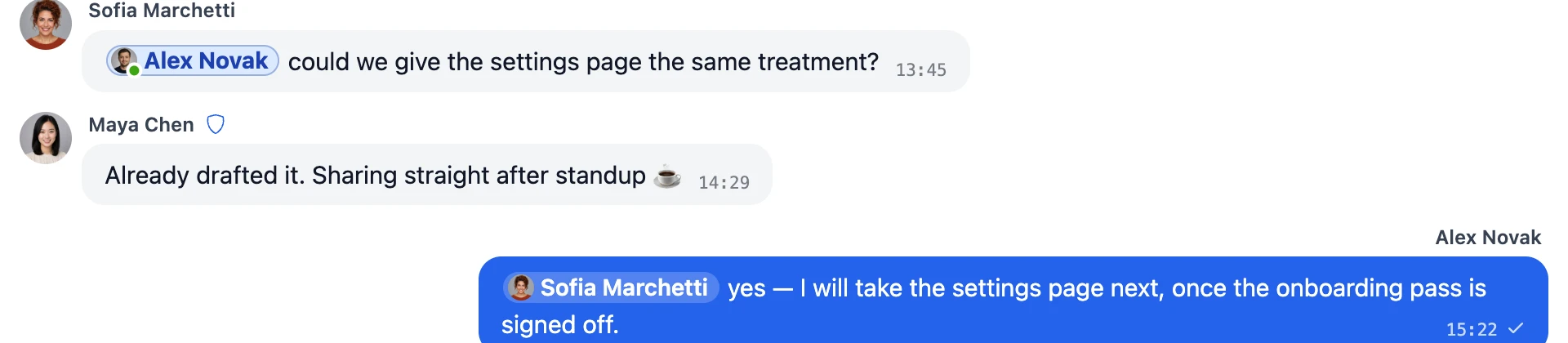 A group conversation where Sofia mentions Alex with an @Alex Novak chip carrying his avatar, and Alex replies mentioning @Sofia Marchetti — both rendered as clickable mention chips