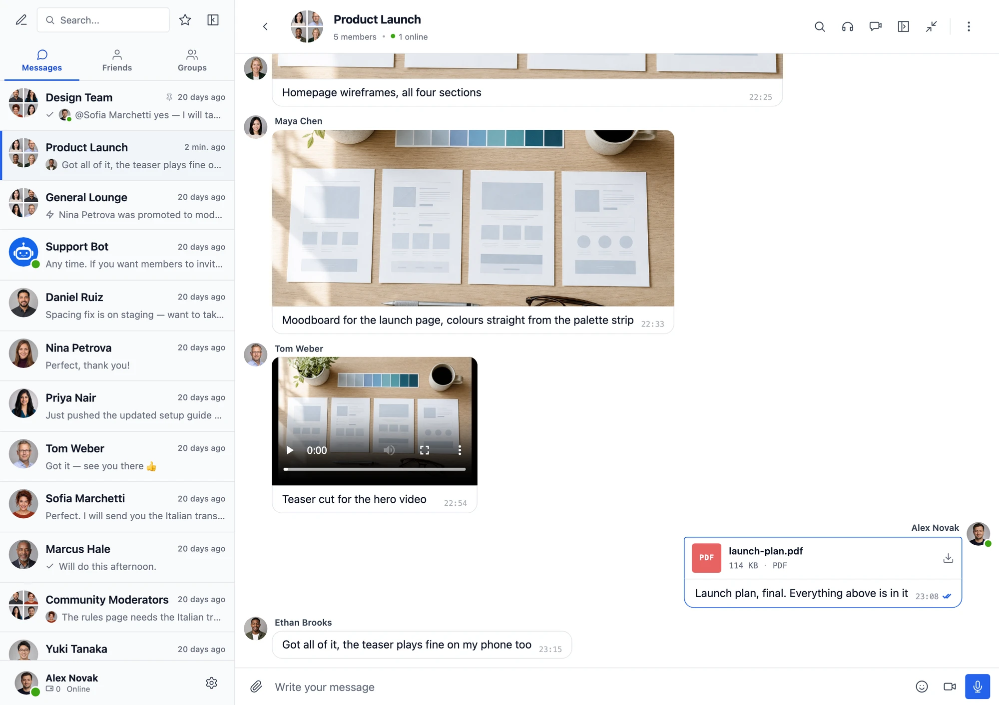 A group conversation in Better Messages with a photo, a video and a PDF that members shared, all kept in cloud storage