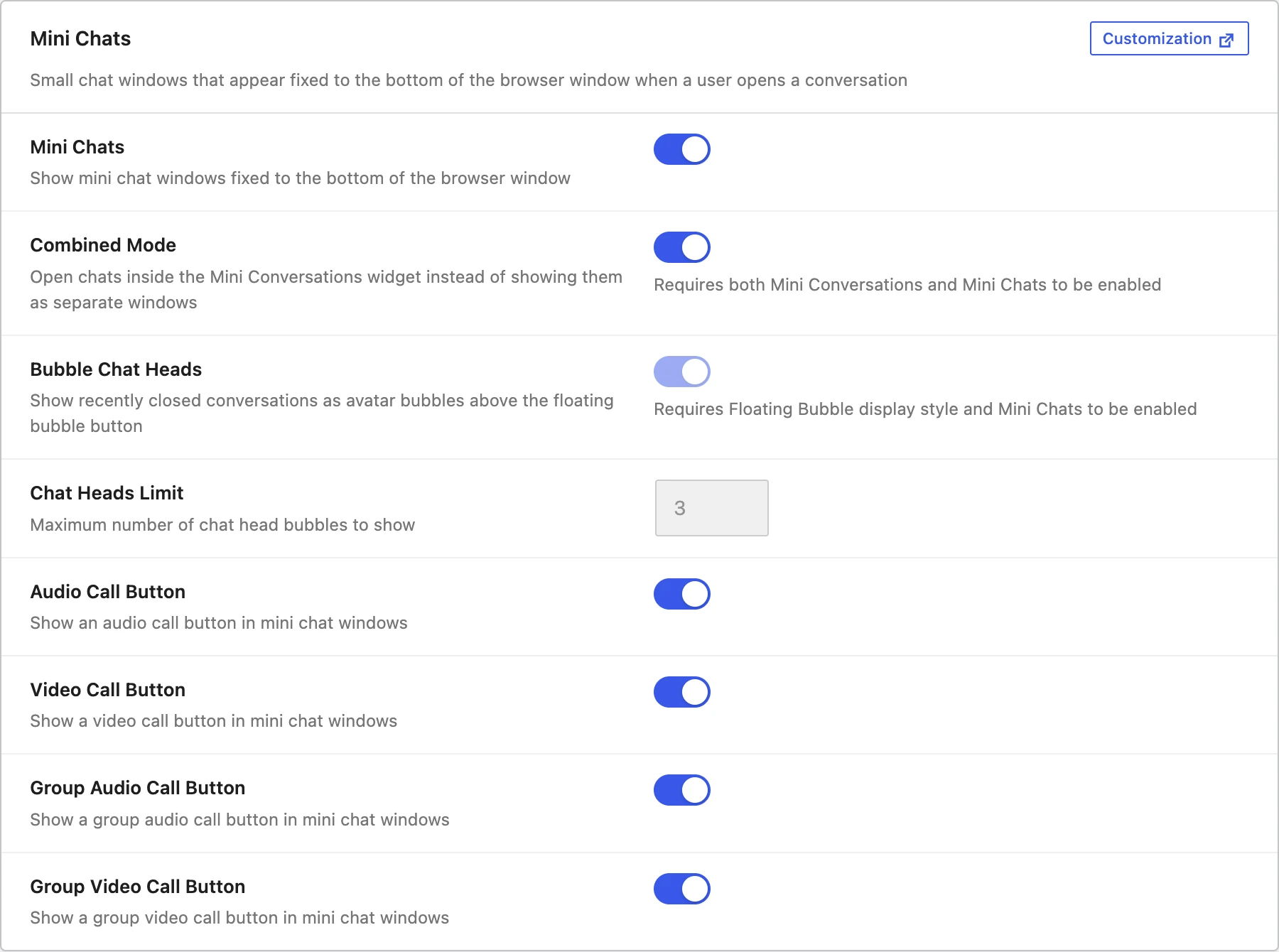 Mini chat call toggles in admin