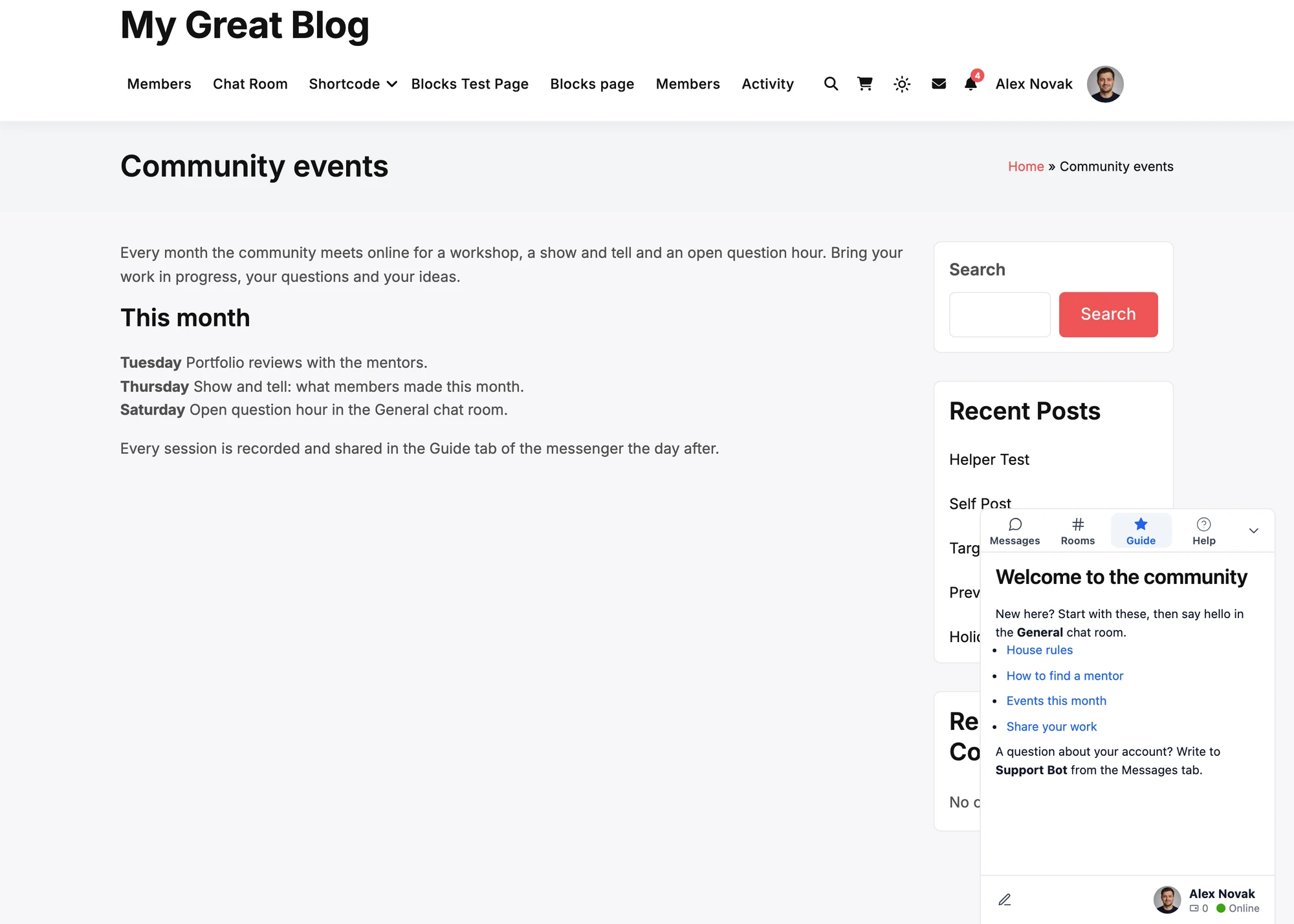 A regular page of the site with the mini widgets bar open in the corner on the Guide tab, between Messages, Rooms and Help, showing the same welcome note and links