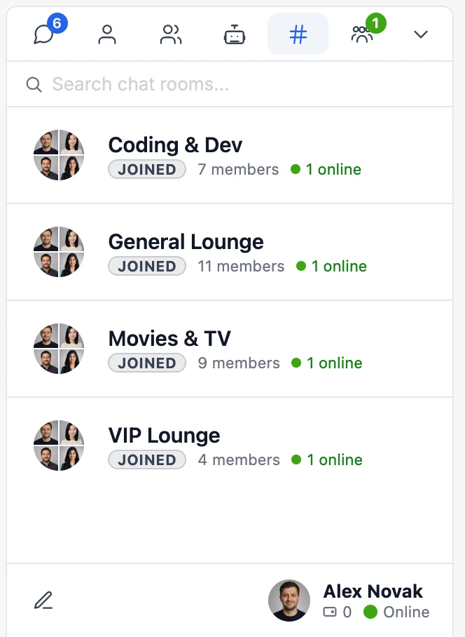 Mini widget panel on the Chat Rooms tab — Coding & Dev, General Lounge, Movies & TV and VIP Lounge, each with a JOINED badge, member count and online count, above the viewer's own footer row
