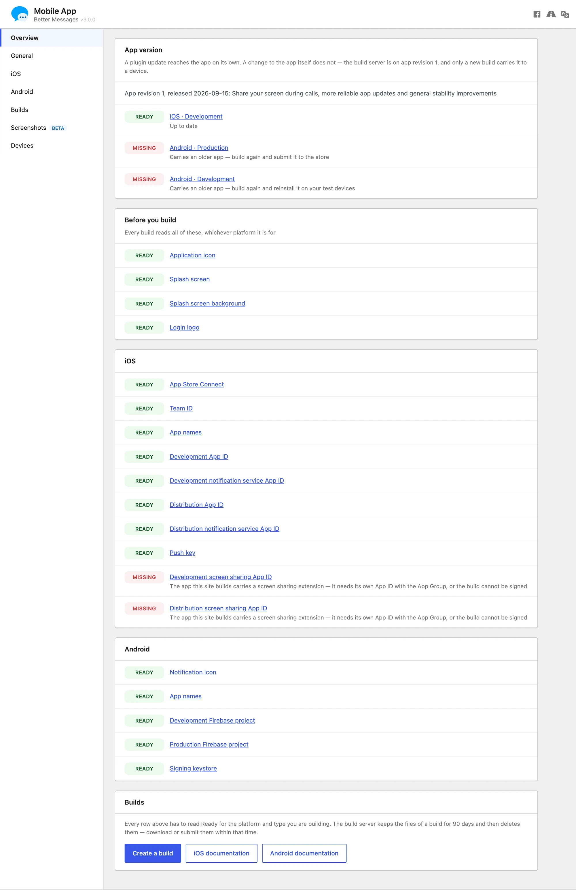 Mobile App overview tab showing readiness checks for iOS and Android