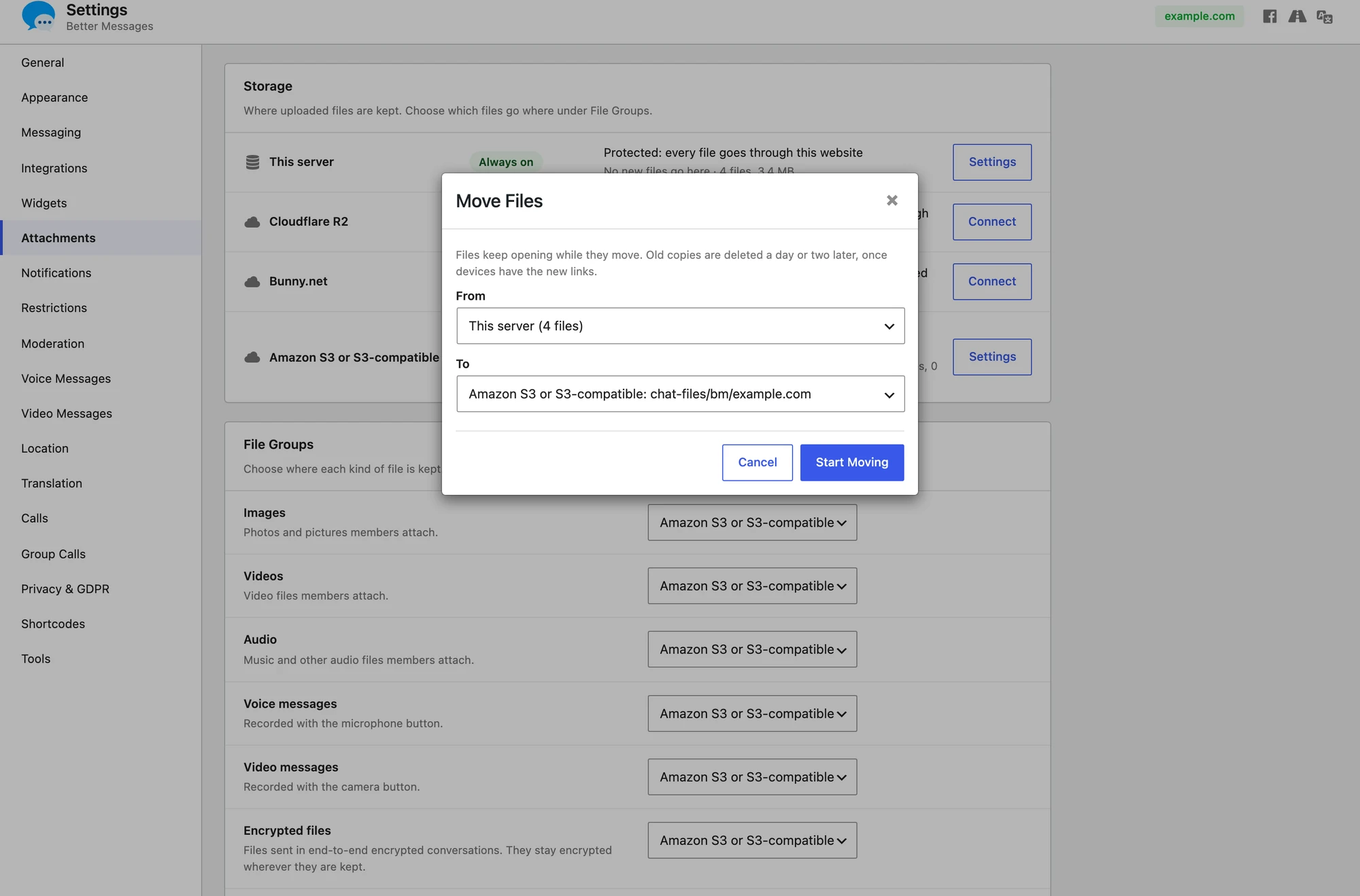 The Move Files dialog moving the files on this server to a cloud storage, with From and To choices and a Start Moving button