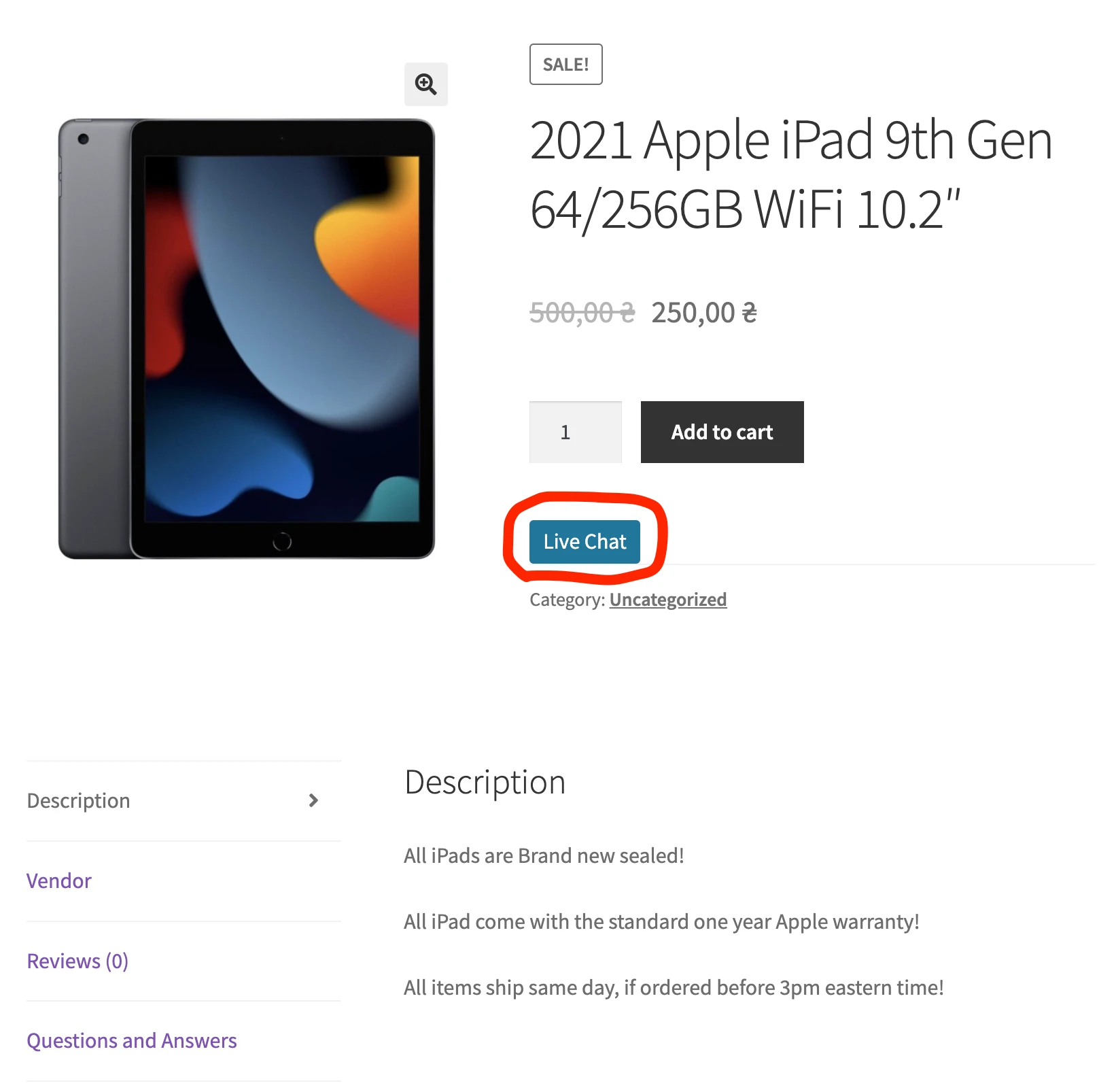 Live Chat button on a MultiVendorX product page