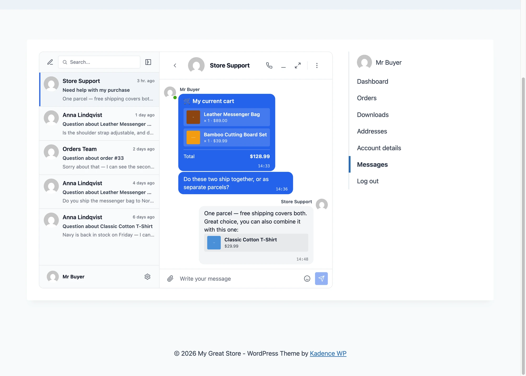 Better Messages inbox embedded inside the WooCommerce My Account layout