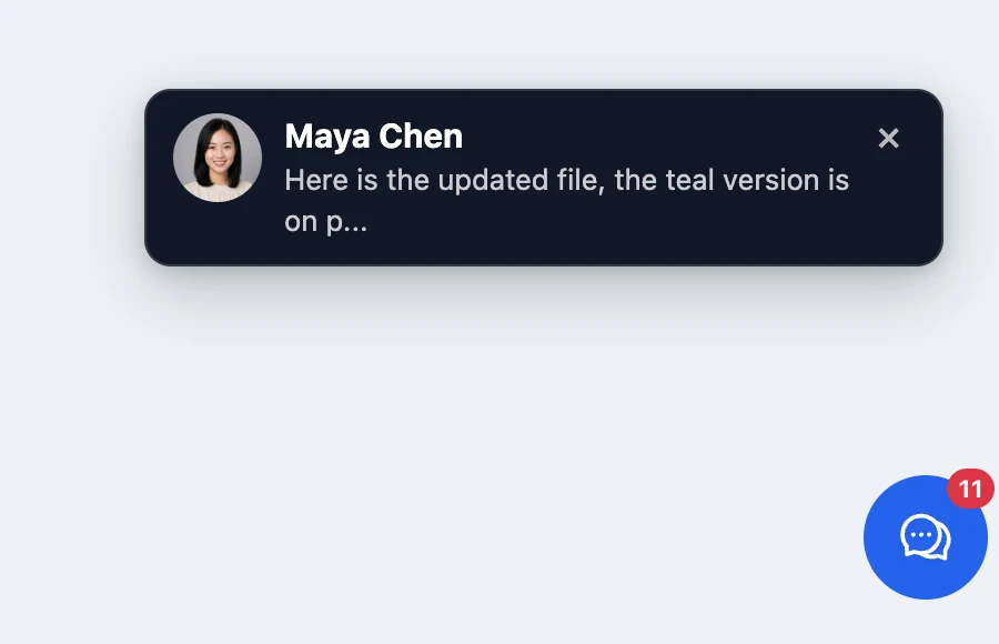 A new message notification from Maya Chen in the corner of a page, above the messenger button showing 11 unread