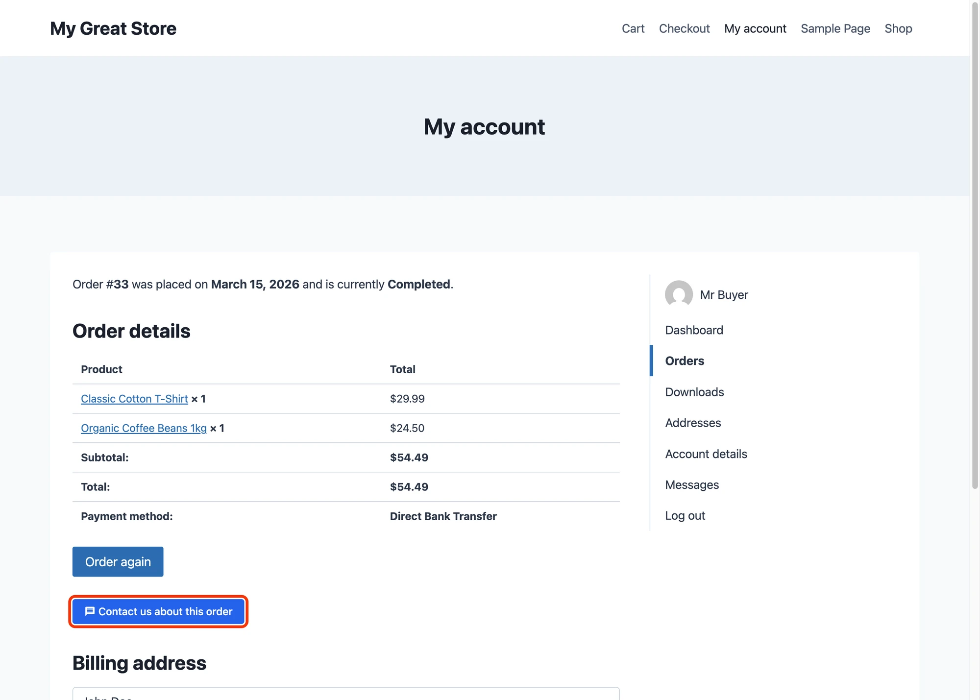 Contact us about this order button on a WooCommerce order page