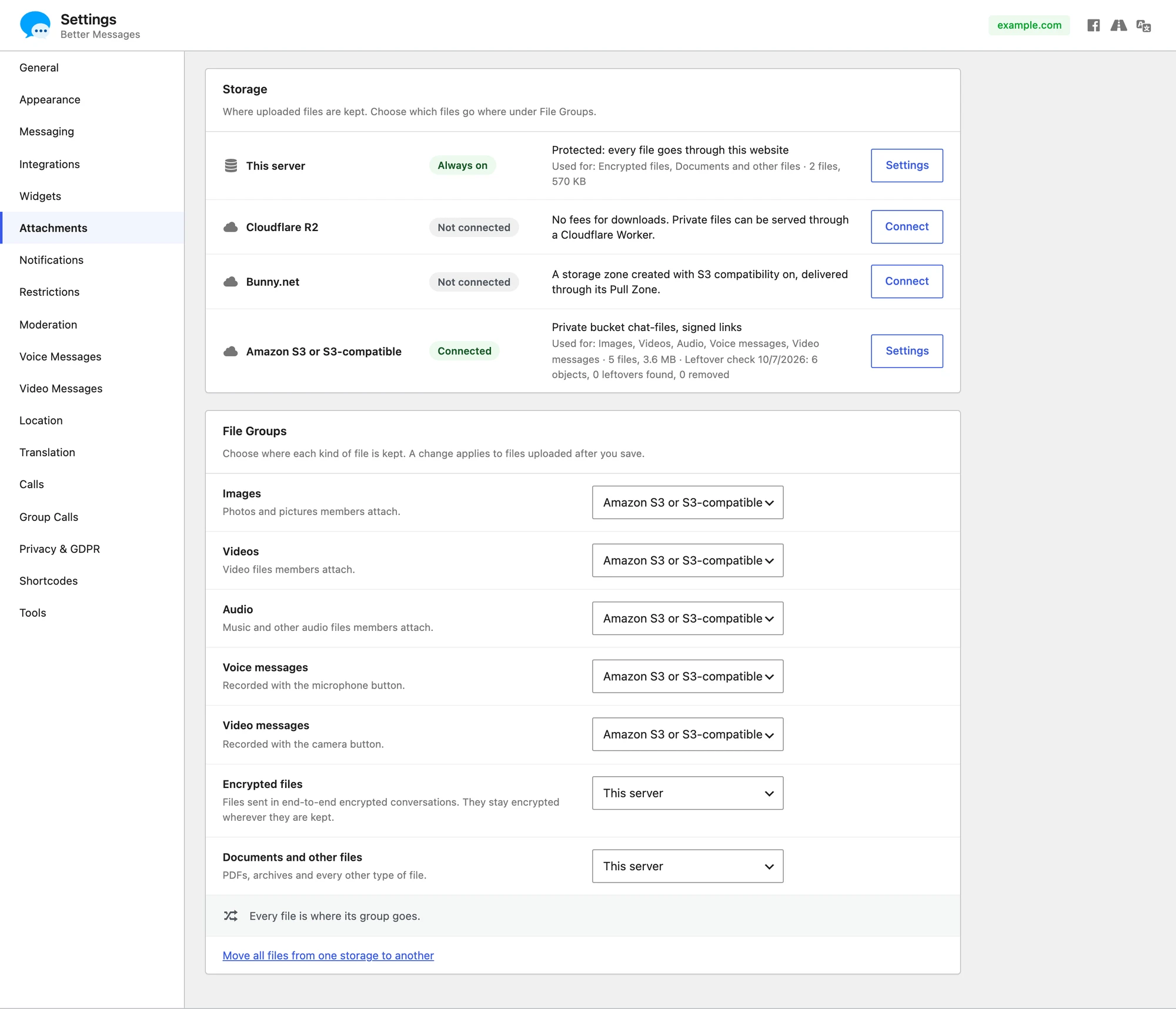 The Attachments settings page with the Storage list, a connected cloud storage, and File Groups sending most kinds of files to it