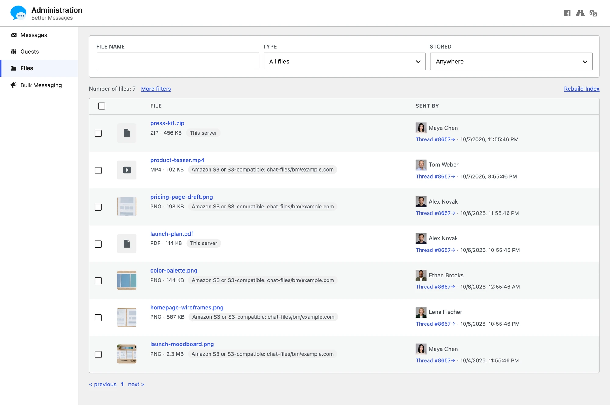The Files library in Administration, listing photos and documents with who sent them, the conversation and where each file is stored