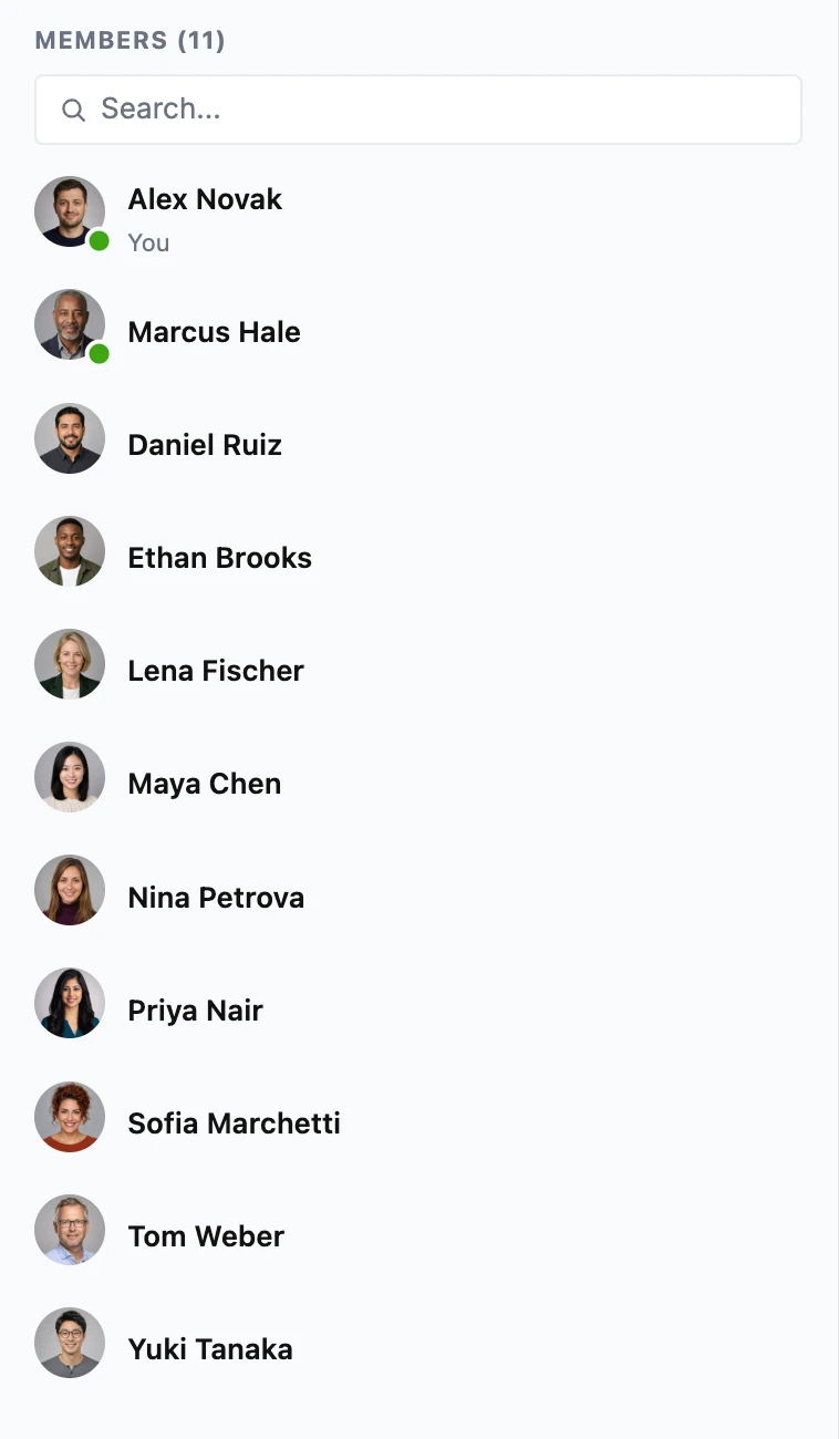 Chat room members panel sorted alphabetically — the viewer first, the one online member pinned above the rest, then Daniel Ruiz, Ethan Brooks, Lena Fischer, Maya Chen, Nina Petrova, Priya Nair, Sofia Marchetti, Tom Weber and Yuki Tanaka in A–Z order