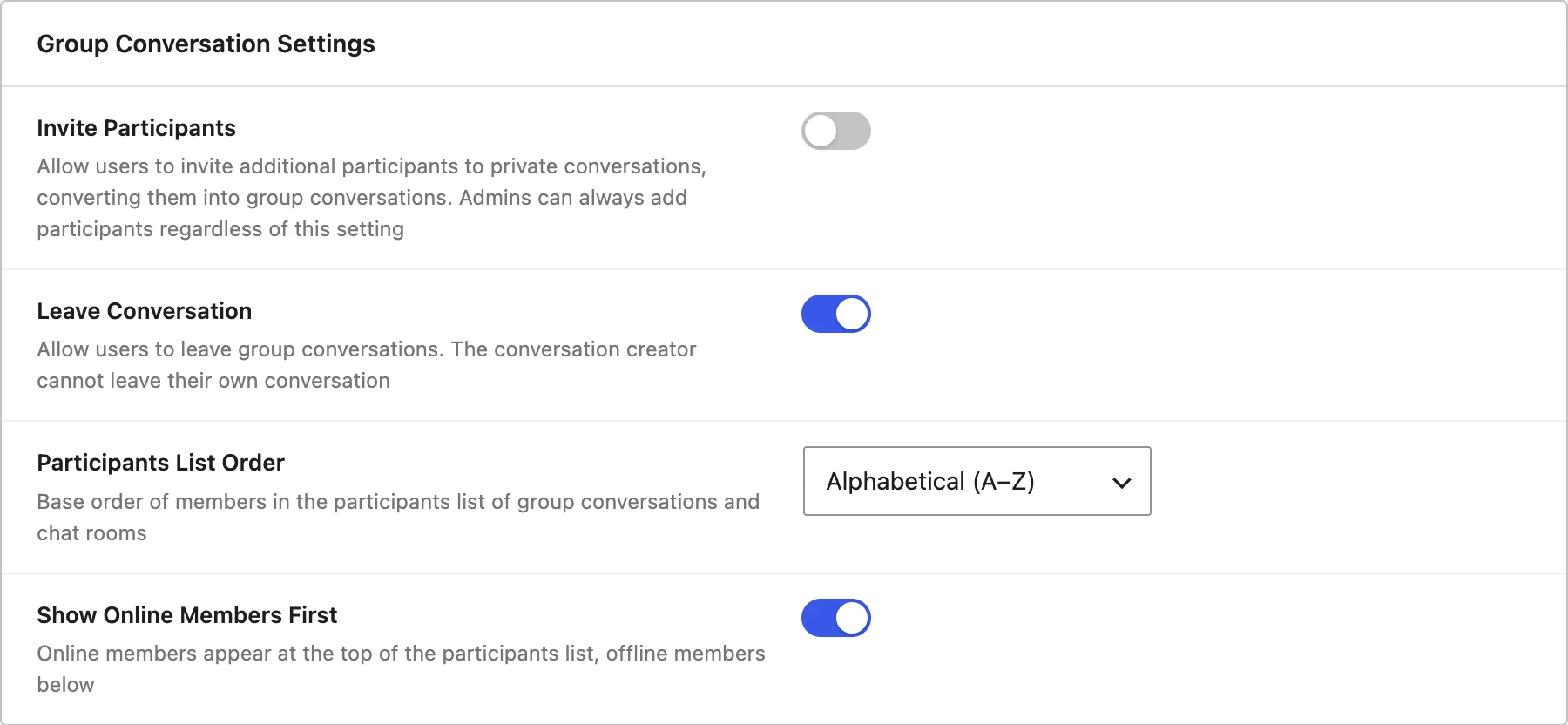 Group Conversation Settings section on the Messaging settings tab — Participants List Order dropdown set to Alphabetical (A–Z) and the Show Online Members First toggle