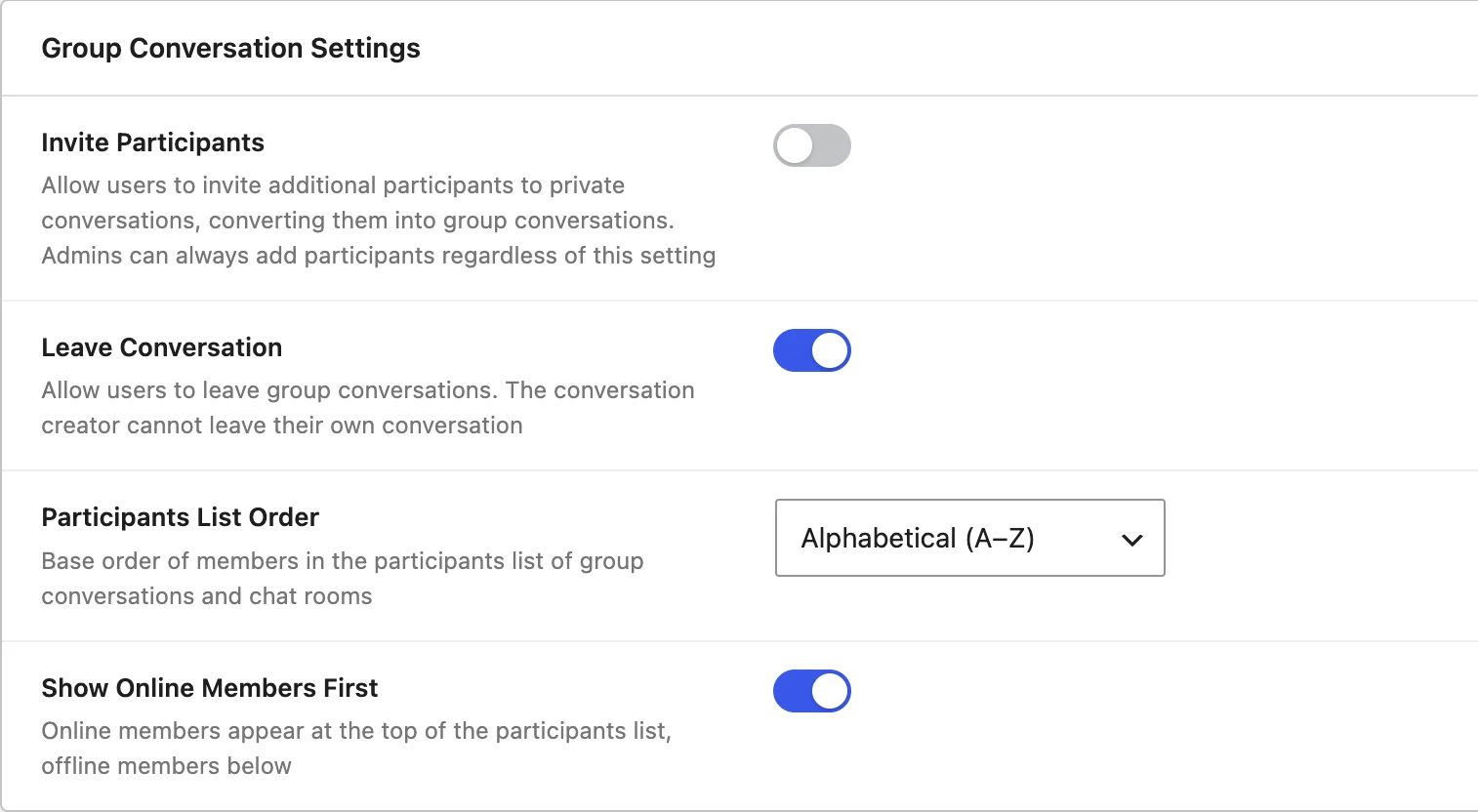 Group Conversation Settings section on the Messaging settings tab — Participants List Order dropdown set to Alphabetical (A–Z) and the Show Online Members First toggle