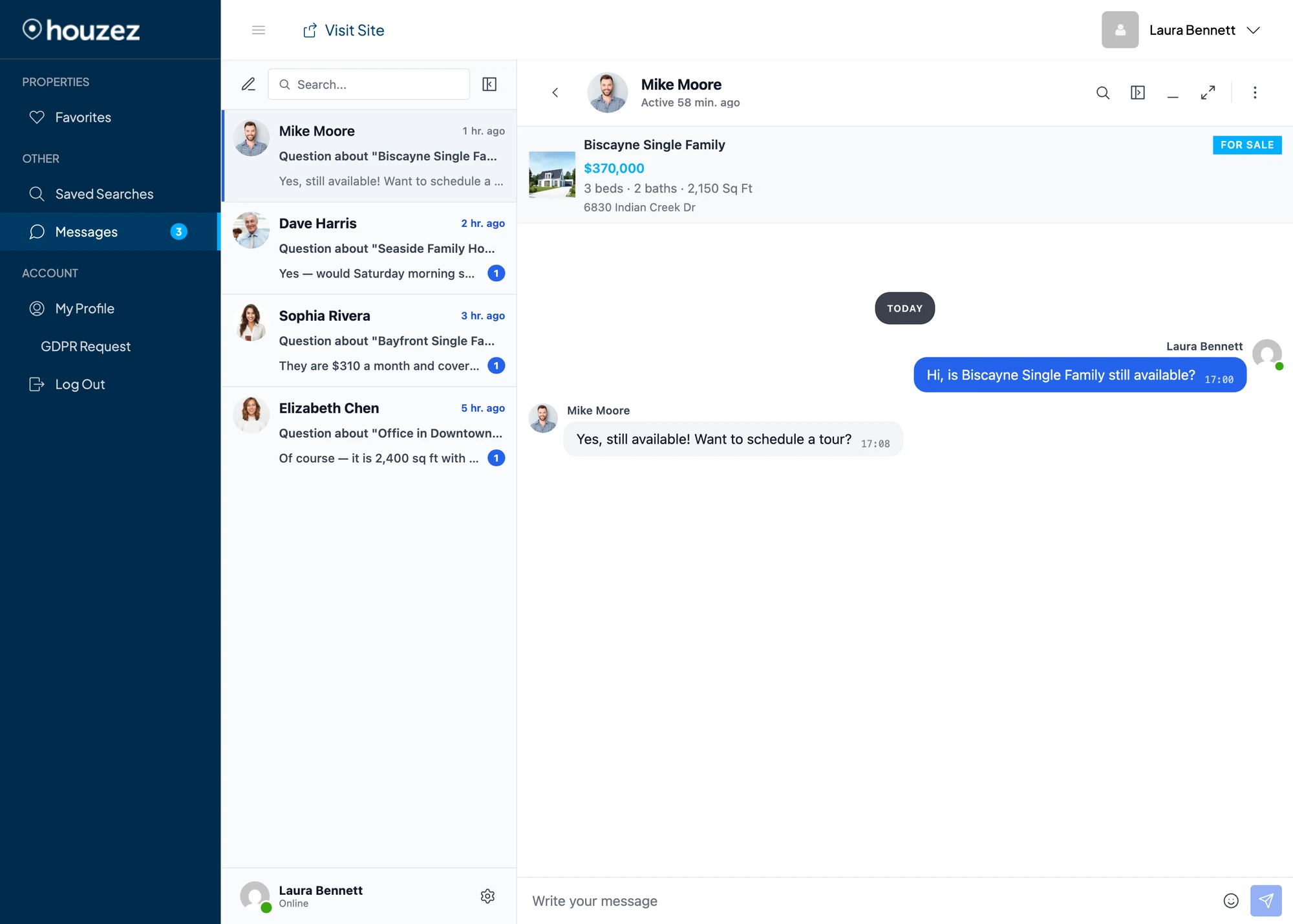 Buyer-side view of four Houzez chats. The same WordPress fallback user appears as "Mike Moore", "Dave Harris", "Sophia Rivera" and "Elizabeth Chen" — each with their own agent CPT photo and profile link