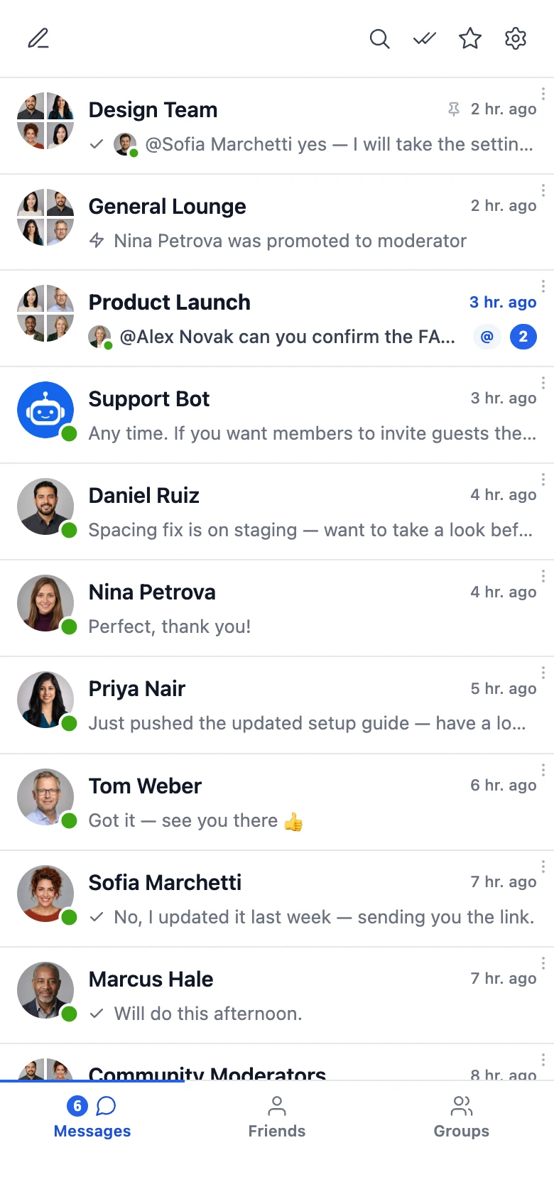 The conversations list on a phone, with unread badges and people online