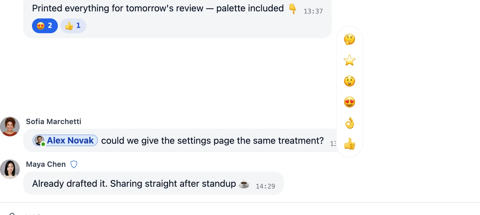 A group chat with the reaction strip open beside a message, and reaction count badges under an earlier message