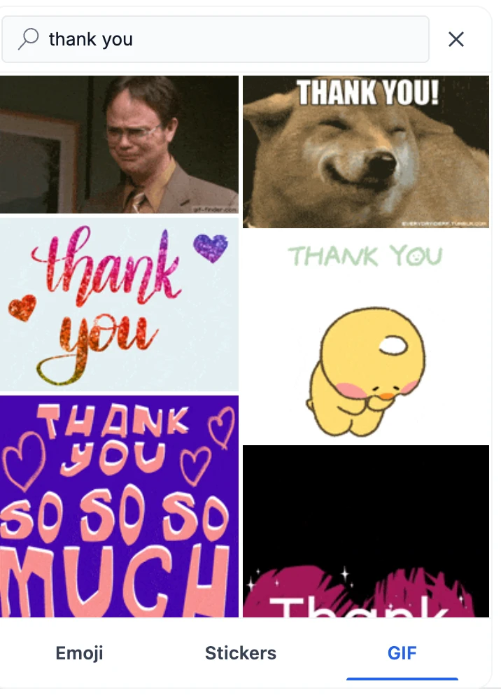 The message picker open on its GIF tab, showing a search for “thank you” and the masonry grid of results above the Emoji / Stickers / GIF tab strip