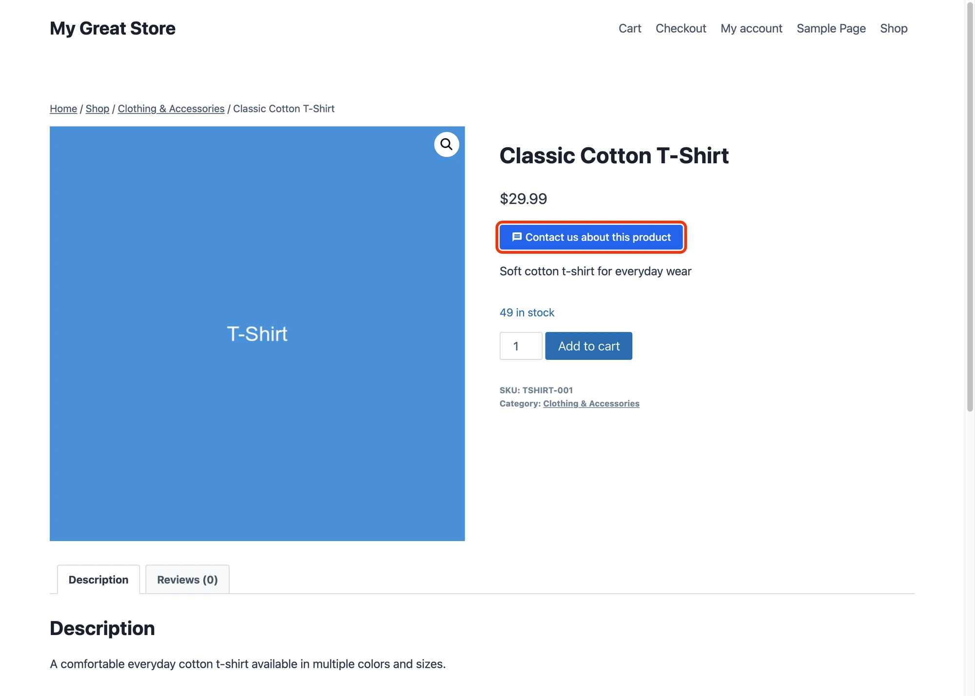 Contact us about this product button on a WooCommerce product page