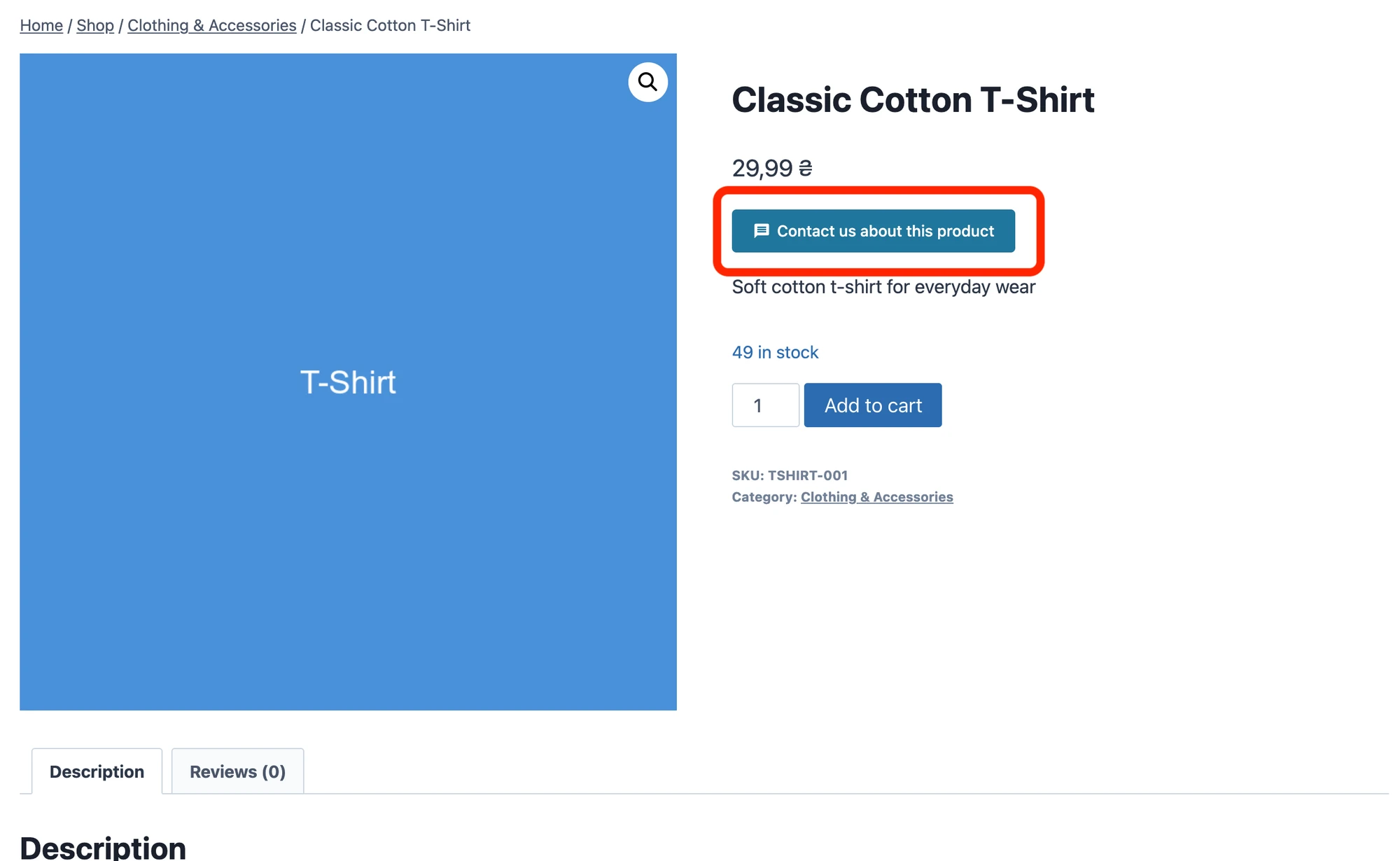 Contact us about this product button on a WooCommerce product page