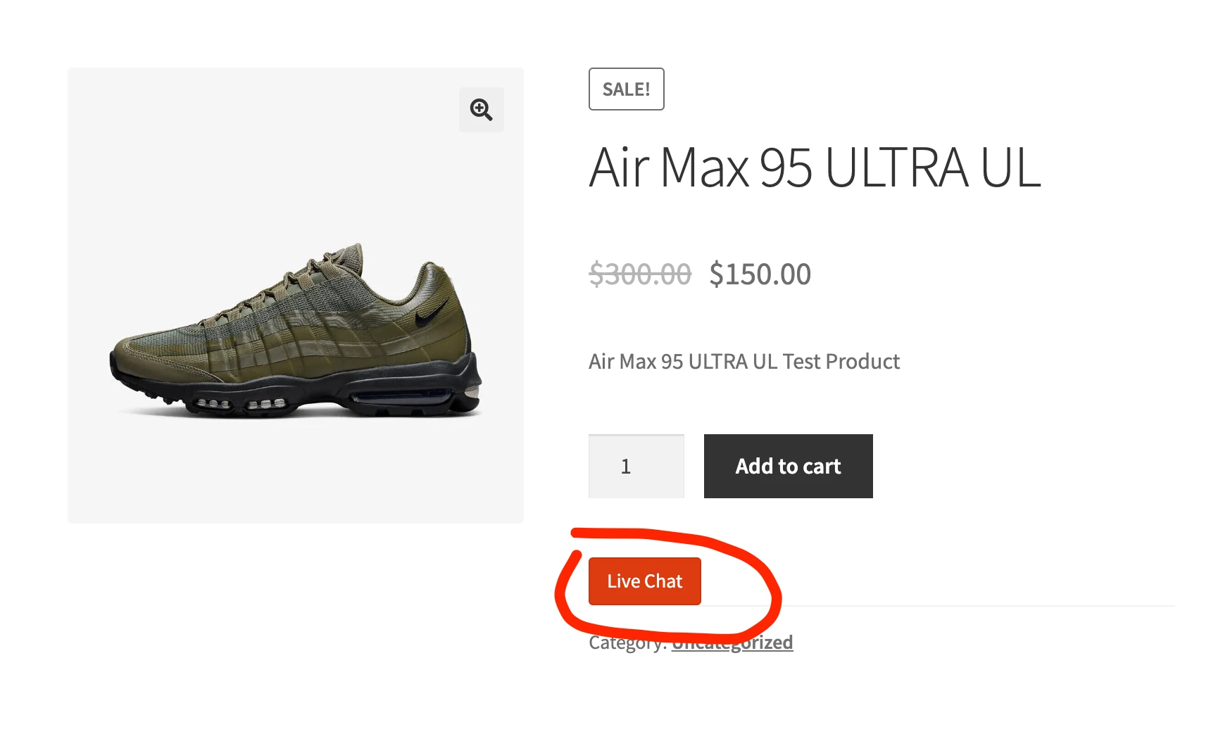 Live Chat button on a Dokan product page, below the Add to Cart form