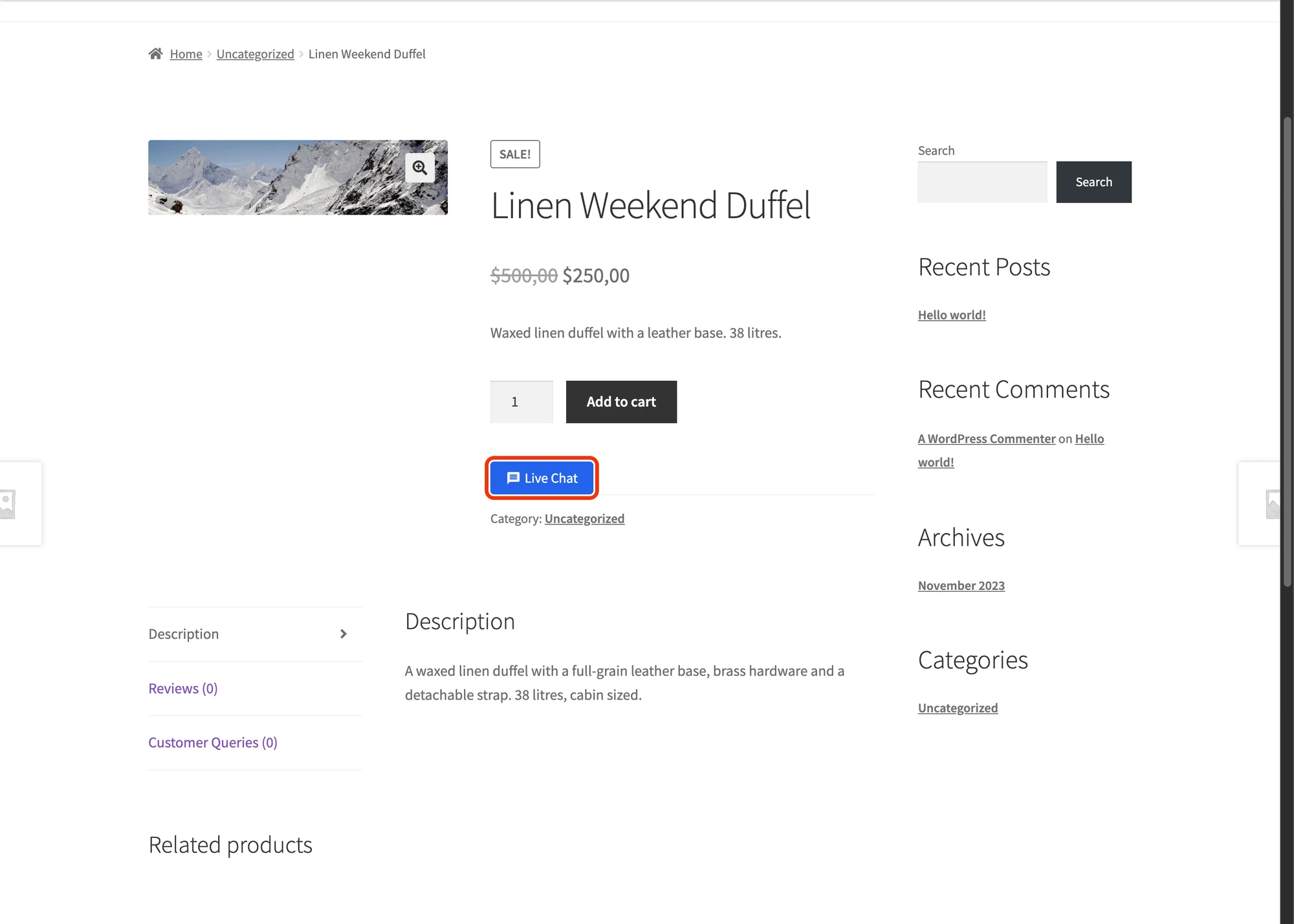 Live Chat button on a MultiVendorX product page