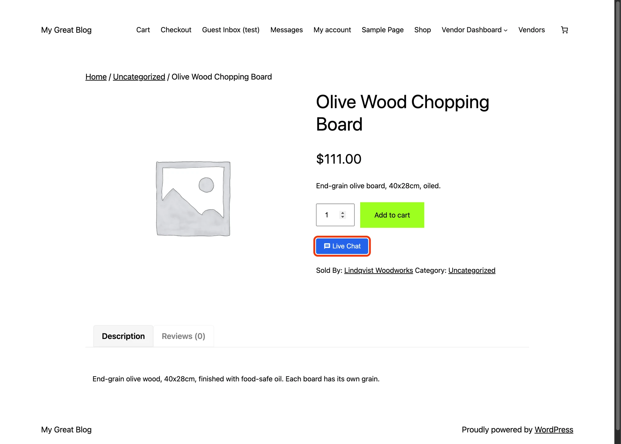 Live Chat button on a WC Vendors product page