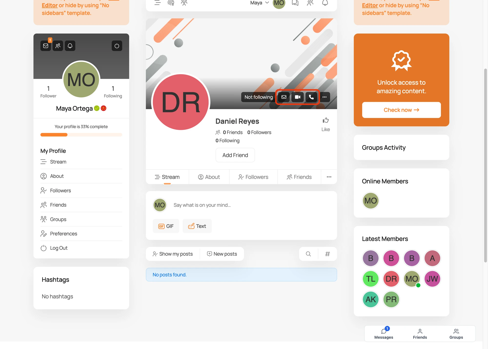 PeepSo user profile with Send Message, Audio Call and Video Call buttons