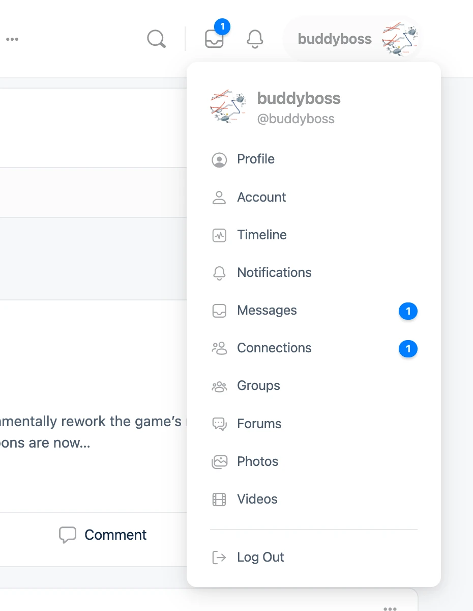 BuddyBoss profile dropdown with the Better Messages unread counter