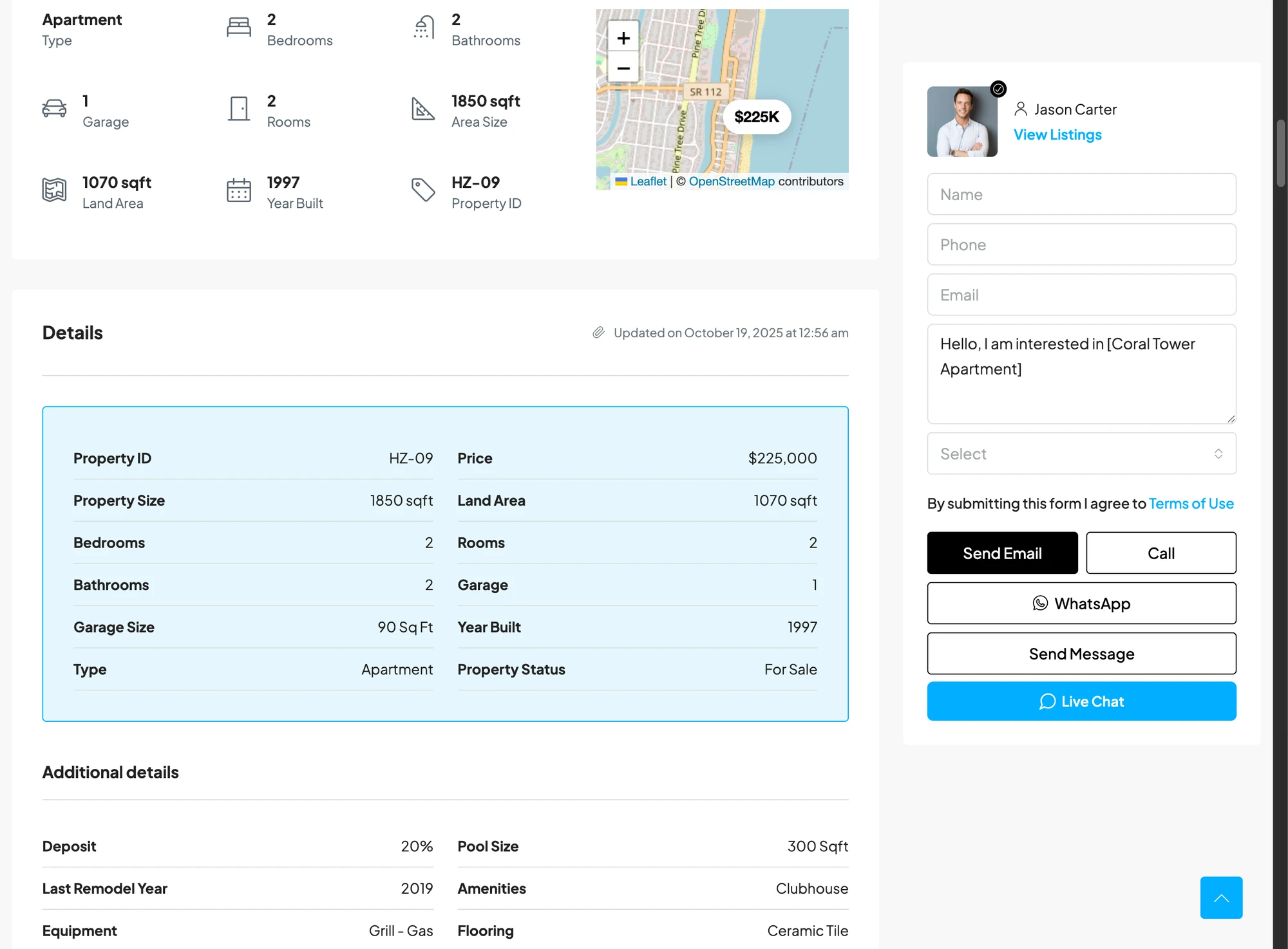 Live Chat button on the Houzez property page, alongside Call, Email and WhatsApp