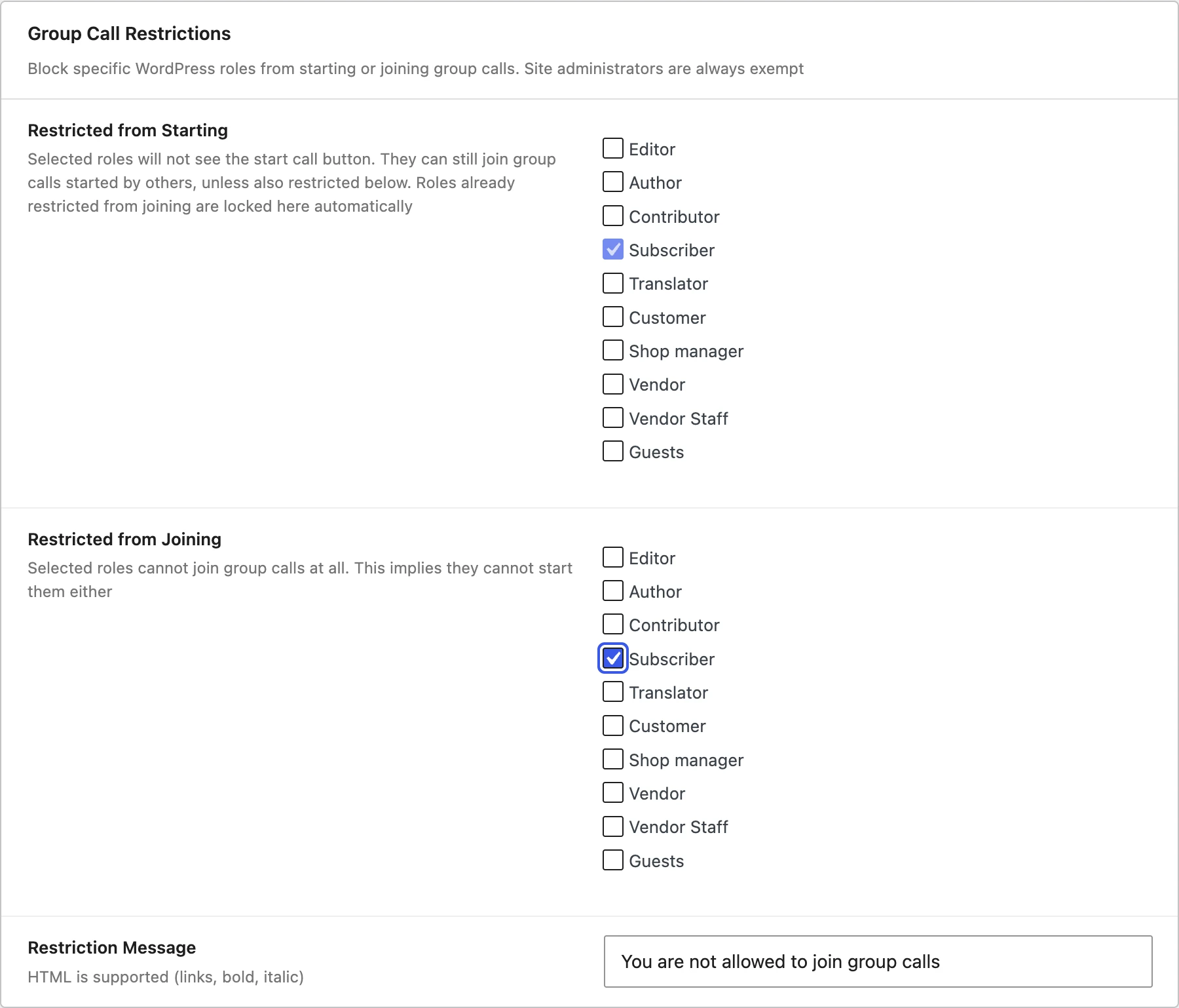 Call restriction toggles in Better Messages settings