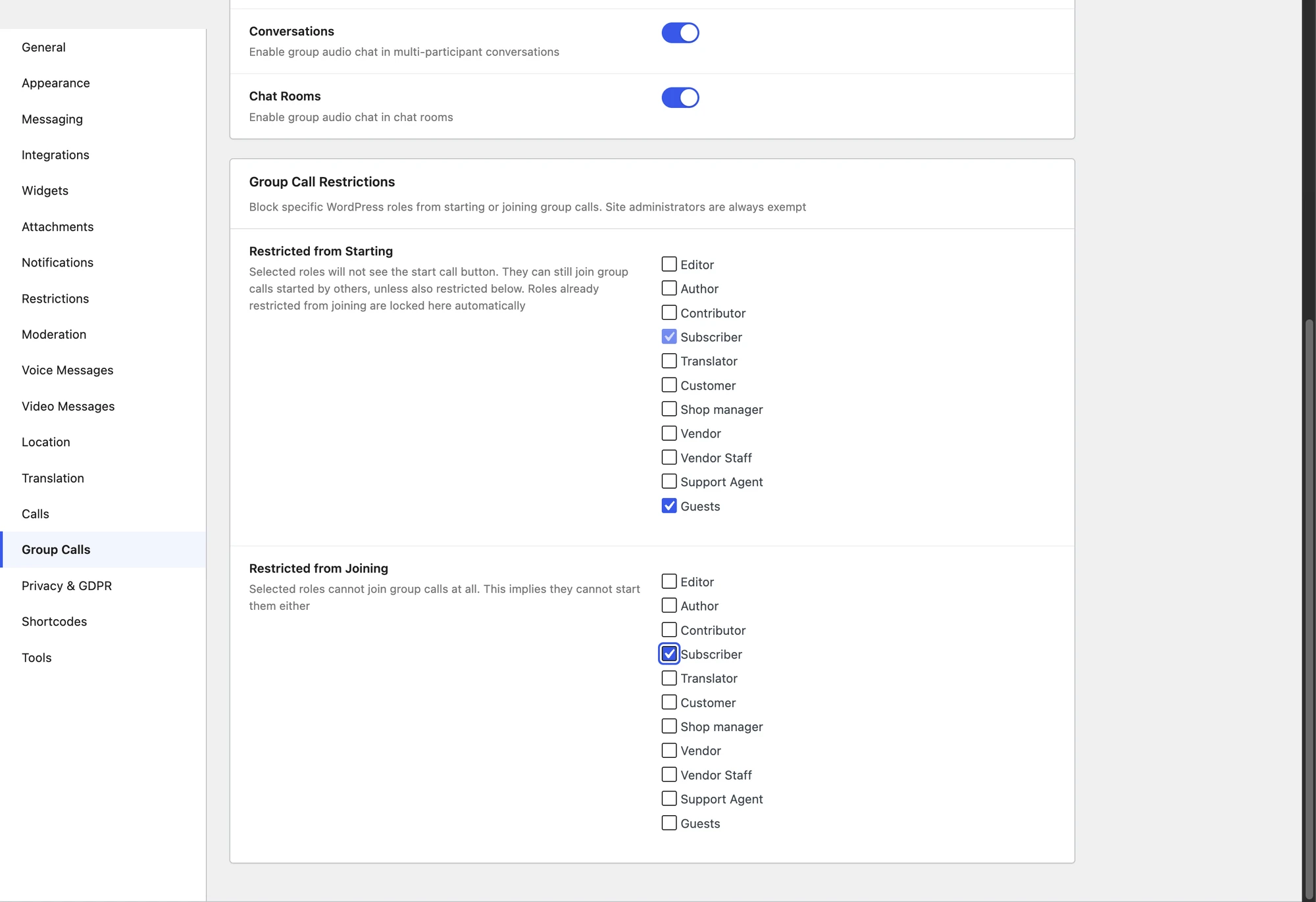 Call restriction toggles in Better Messages settings