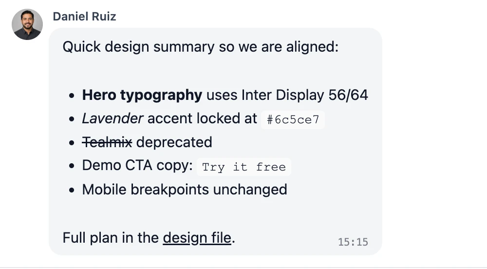 A chat message rendering bold, italic, strikethrough, inline code, a link and a bulleted list — all in a single bubble