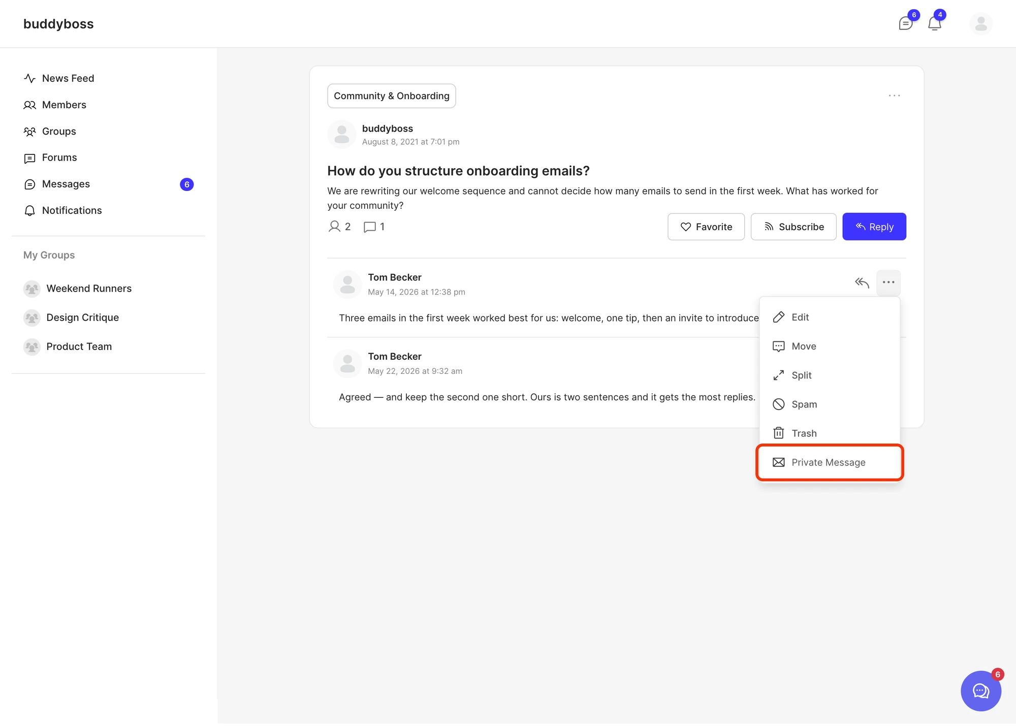 bbPress reply in ReadyLaunch with Private Message added to the More actions dropdown