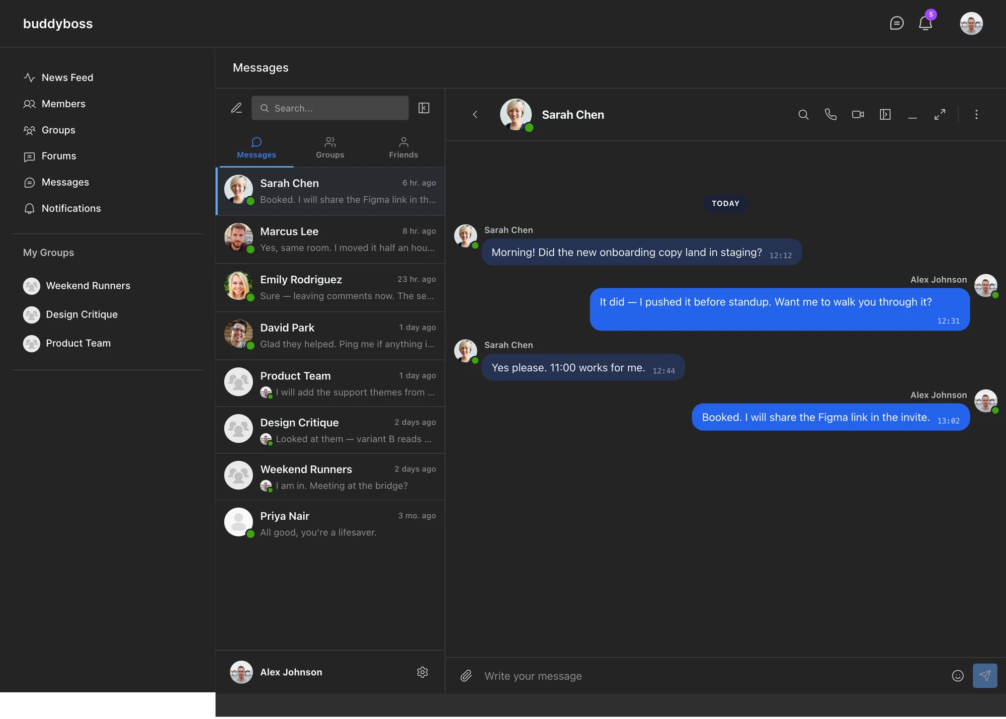 BuddyBoss ReadyLaunch dark mode with Better Messages following the same theme