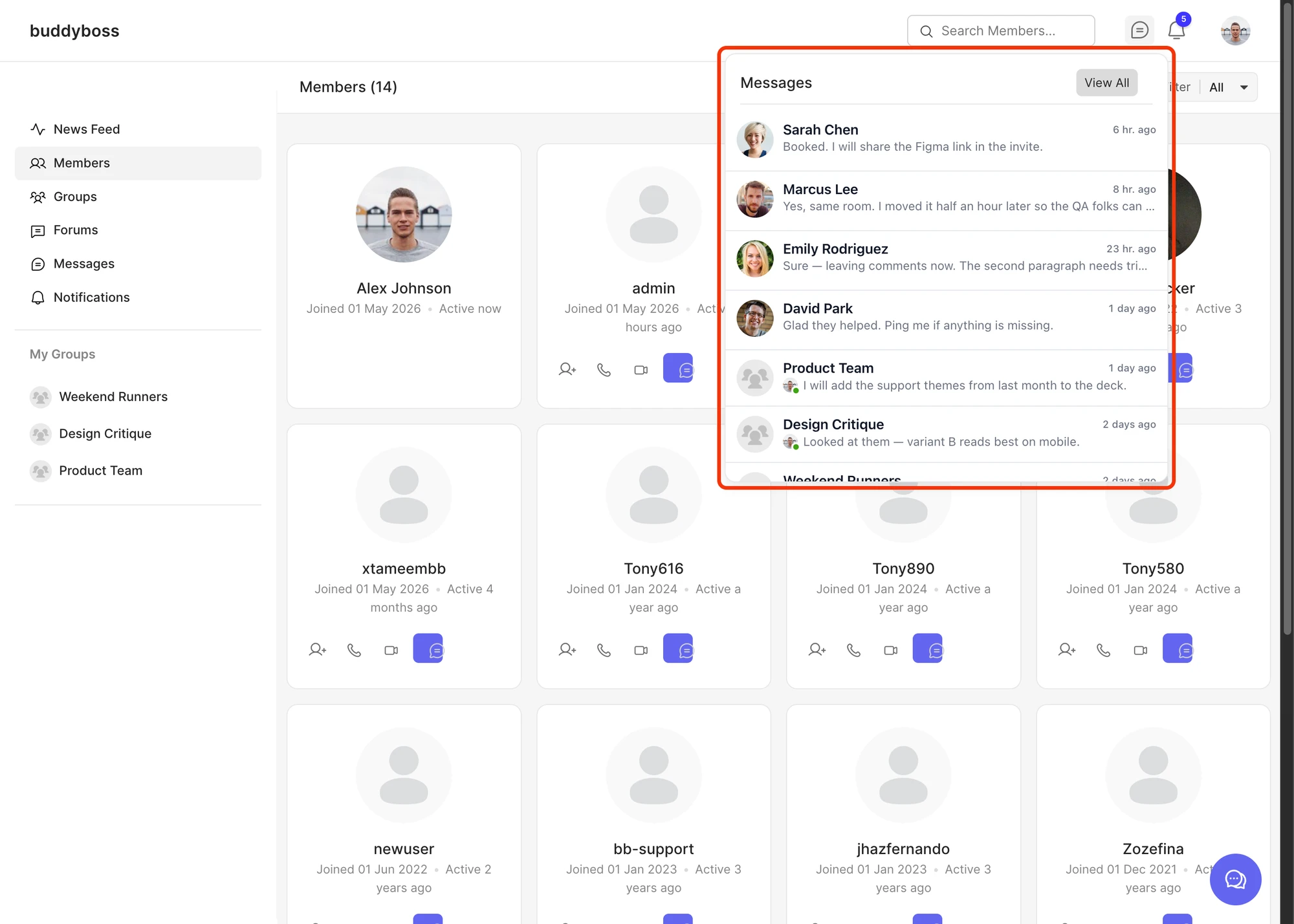 ReadyLaunch header inbox dropdown showing recent Better Messages conversations