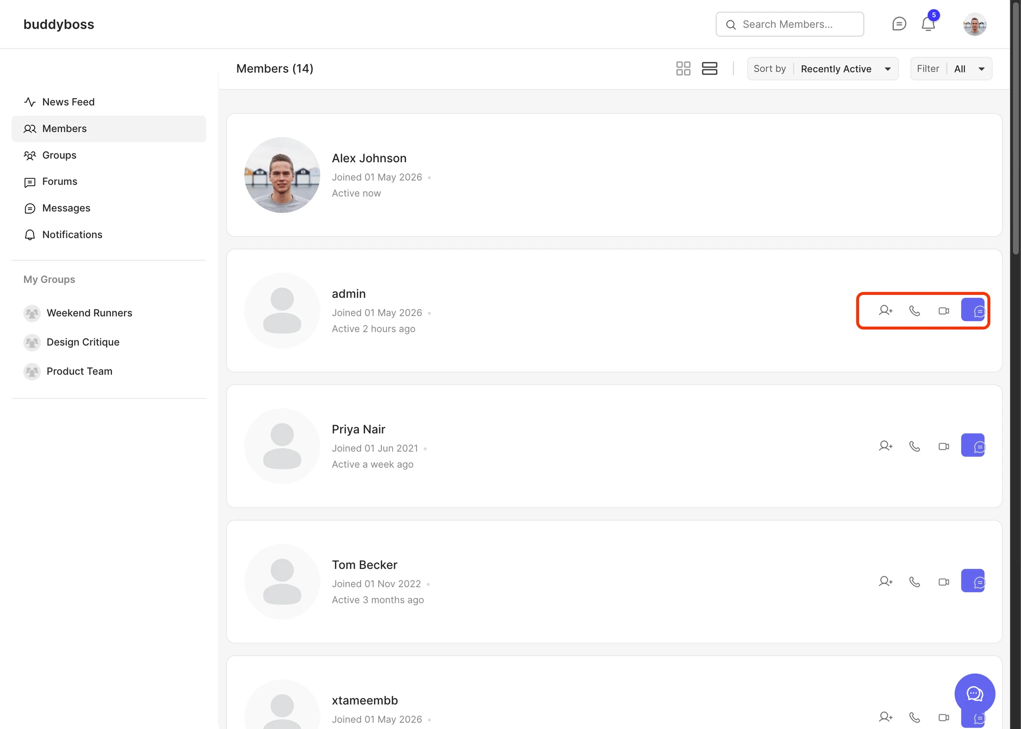 ReadyLaunch members directory list view with Better Messages icons next to each row