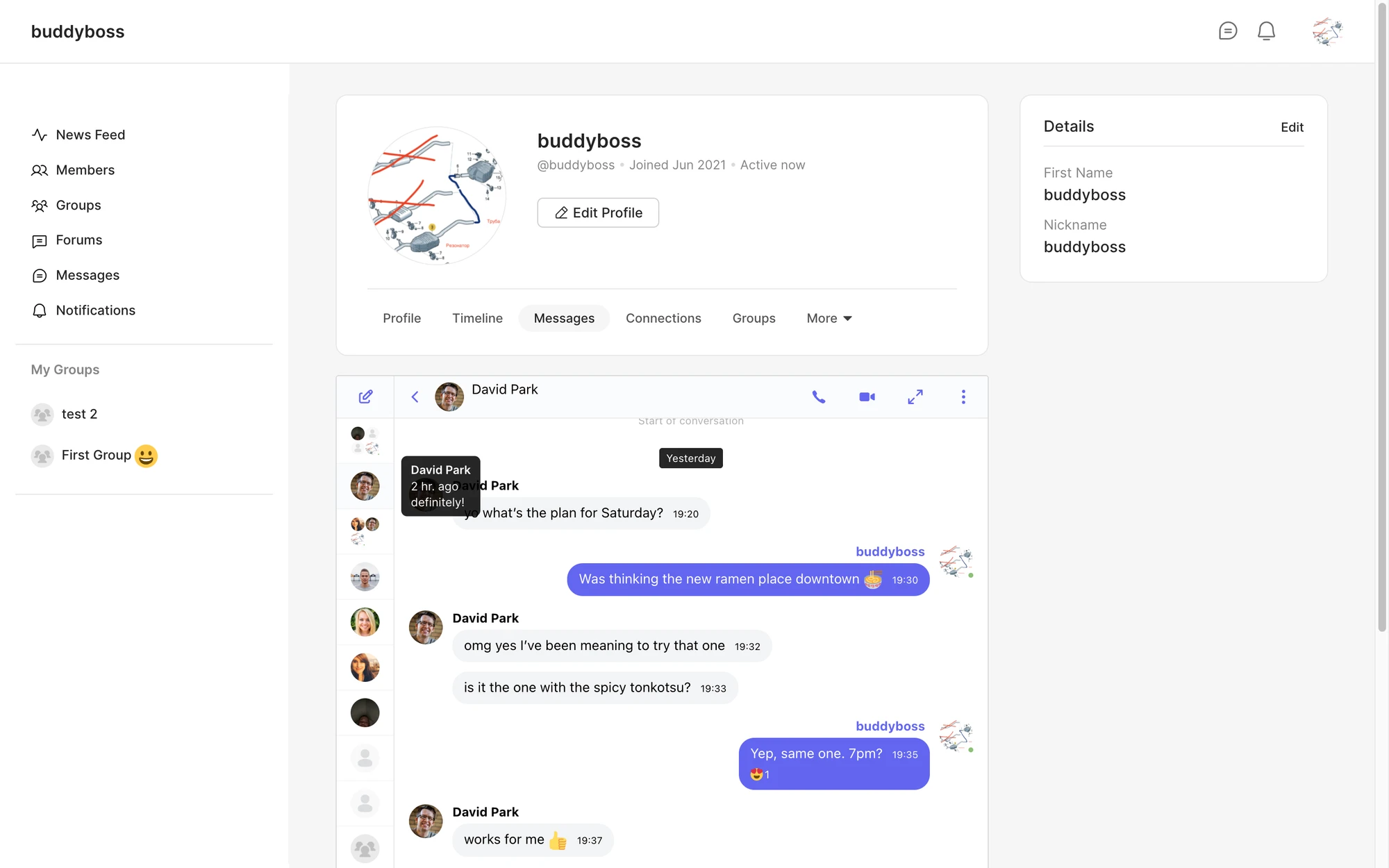 Better Messages rendered inside the ReadyLaunch profile Messages tab