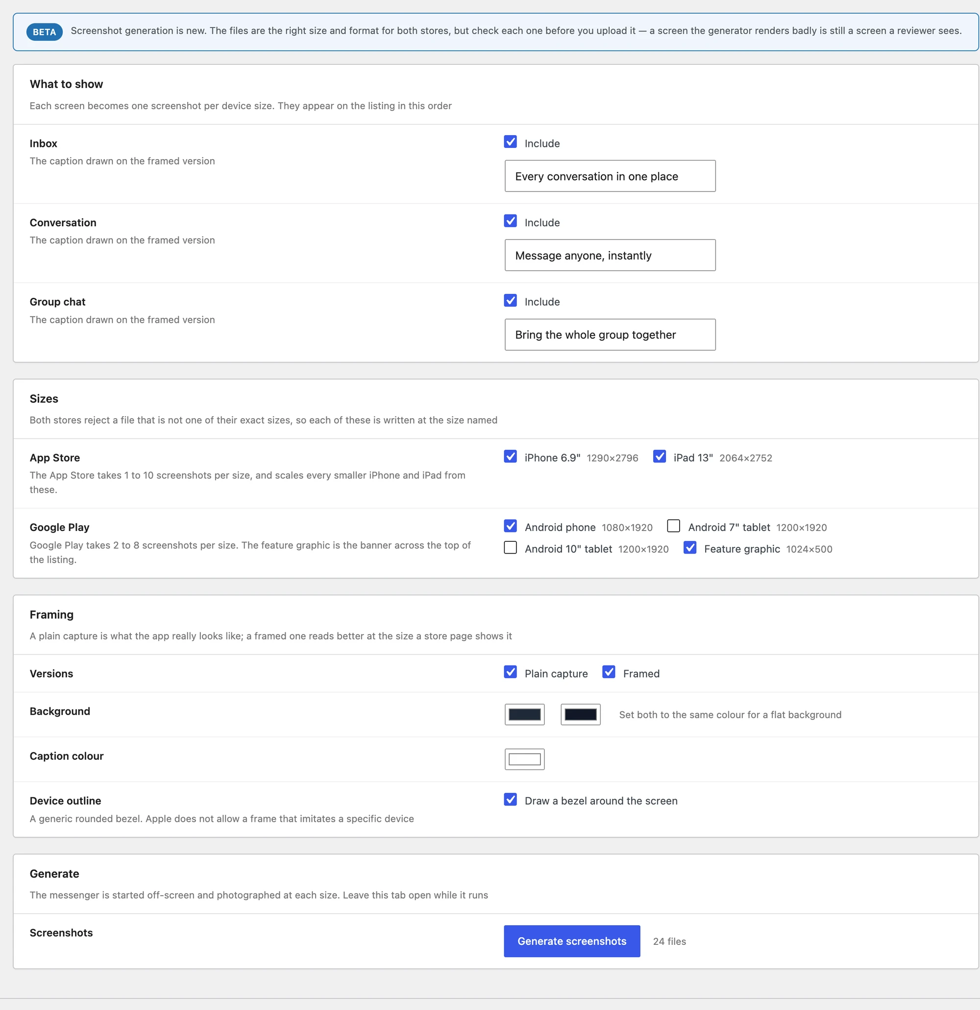 The Screenshots tab, with the screens to show, the store sizes and the framing options