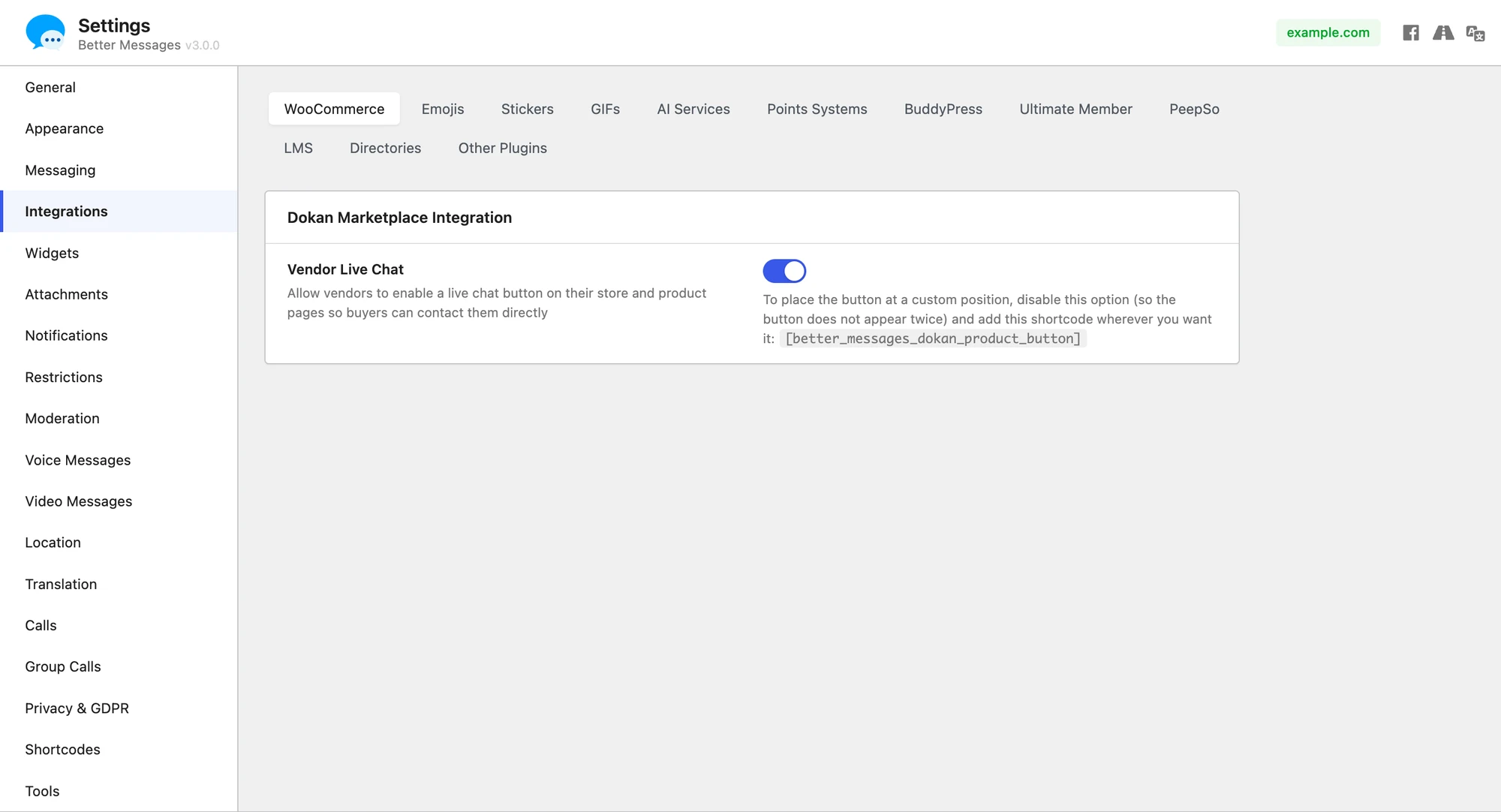 Better Messages Dokan integration settings: Vendor Live Chat toggle